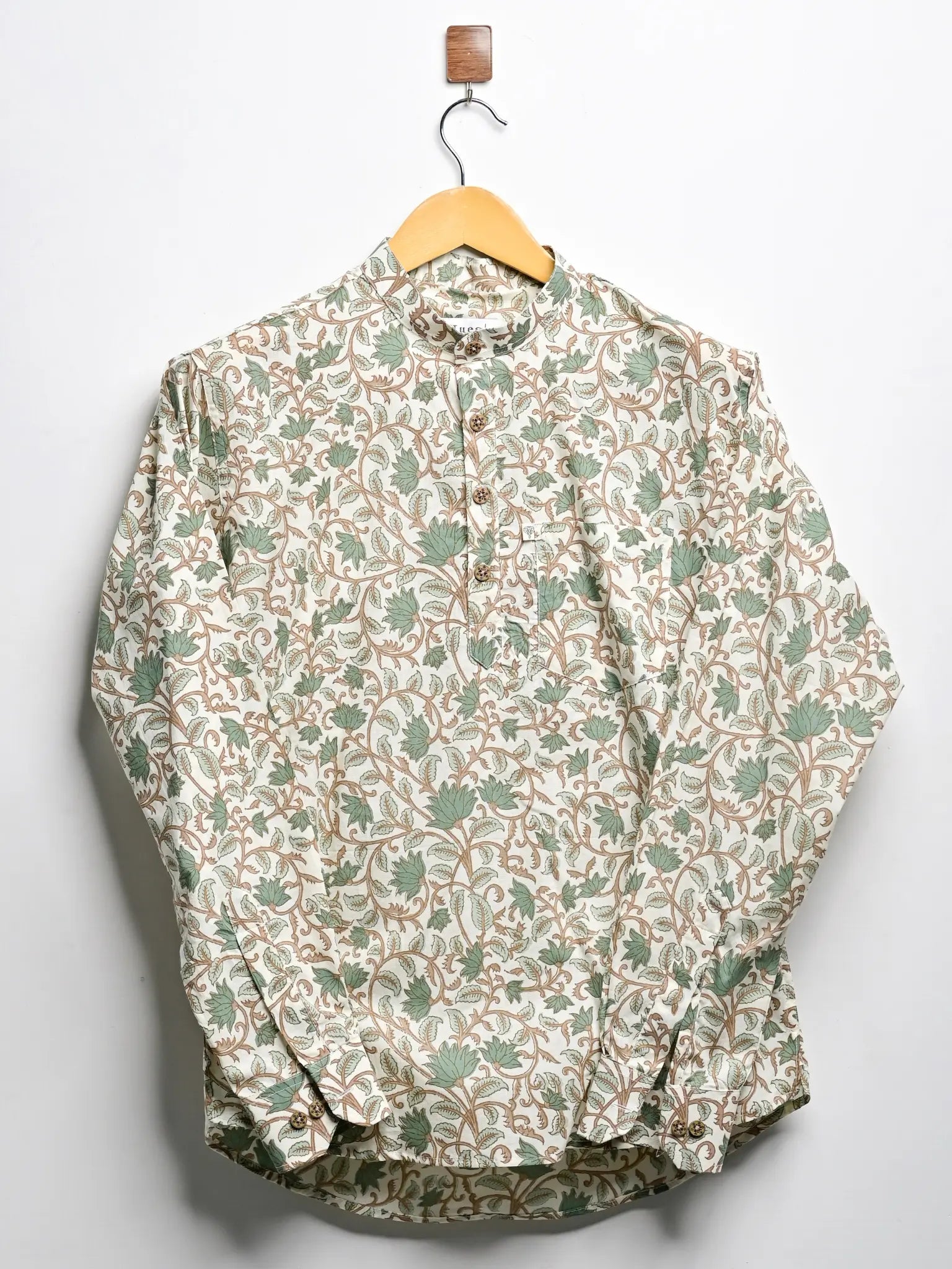 cream green floral short kurta