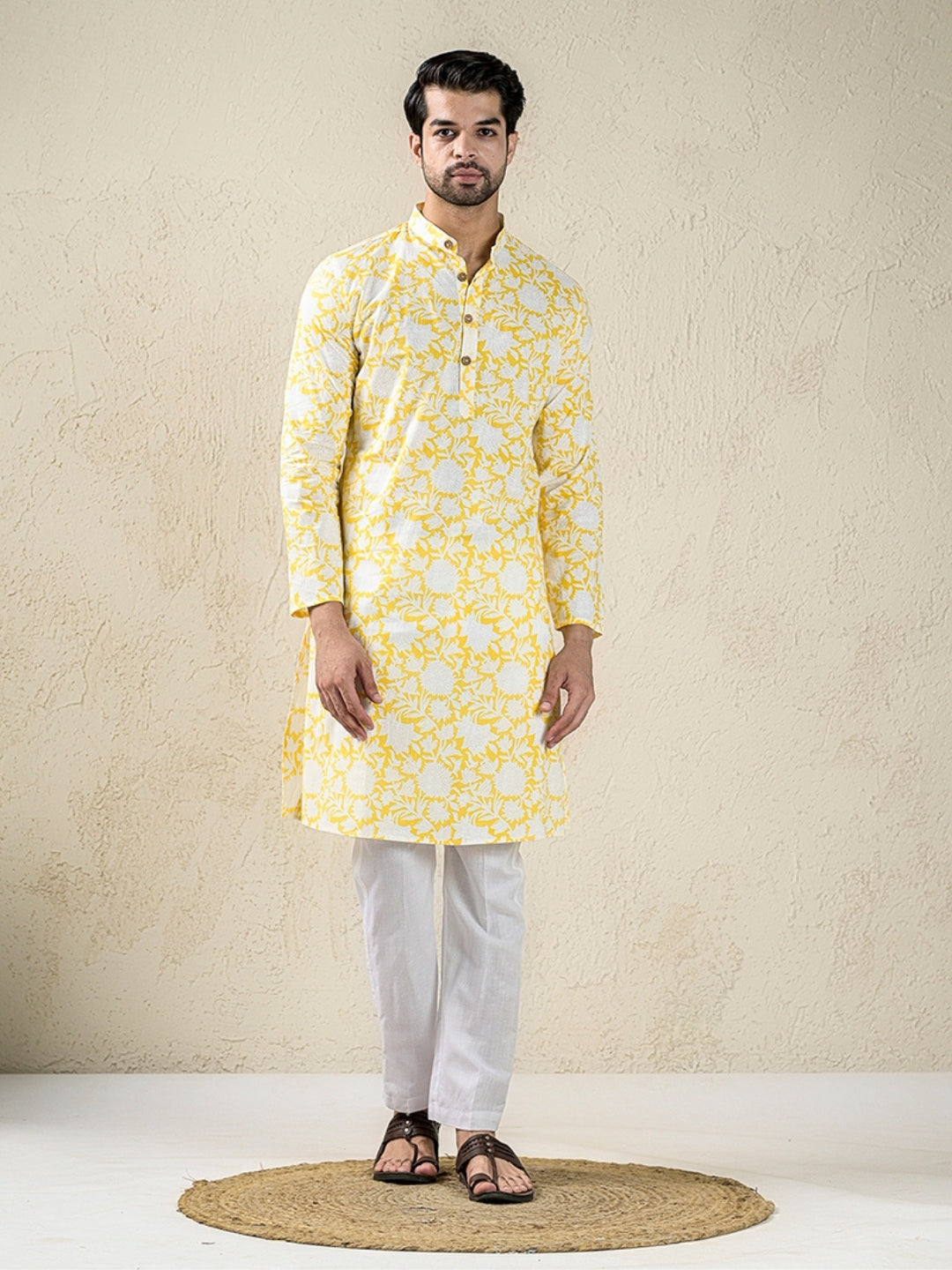 Yellow And White Floral Print Style Long Kurta & Pyjama Set