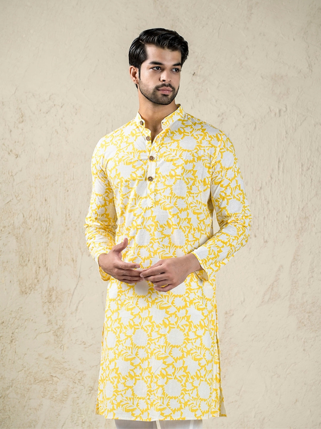 Yellow And White Floral Print Style Long Kurta & Pyjama Set
