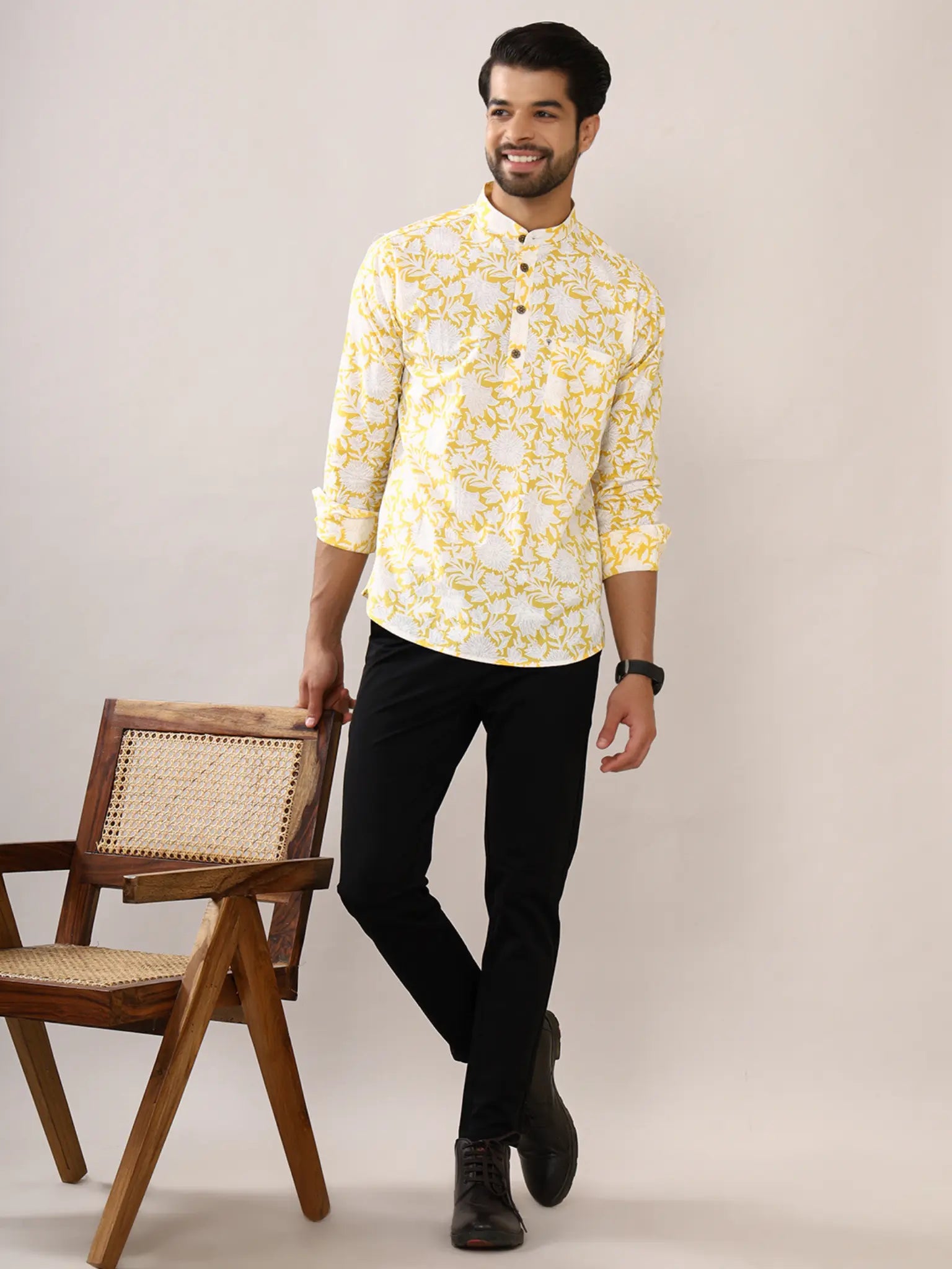 Yellow White Floral Short Kurta