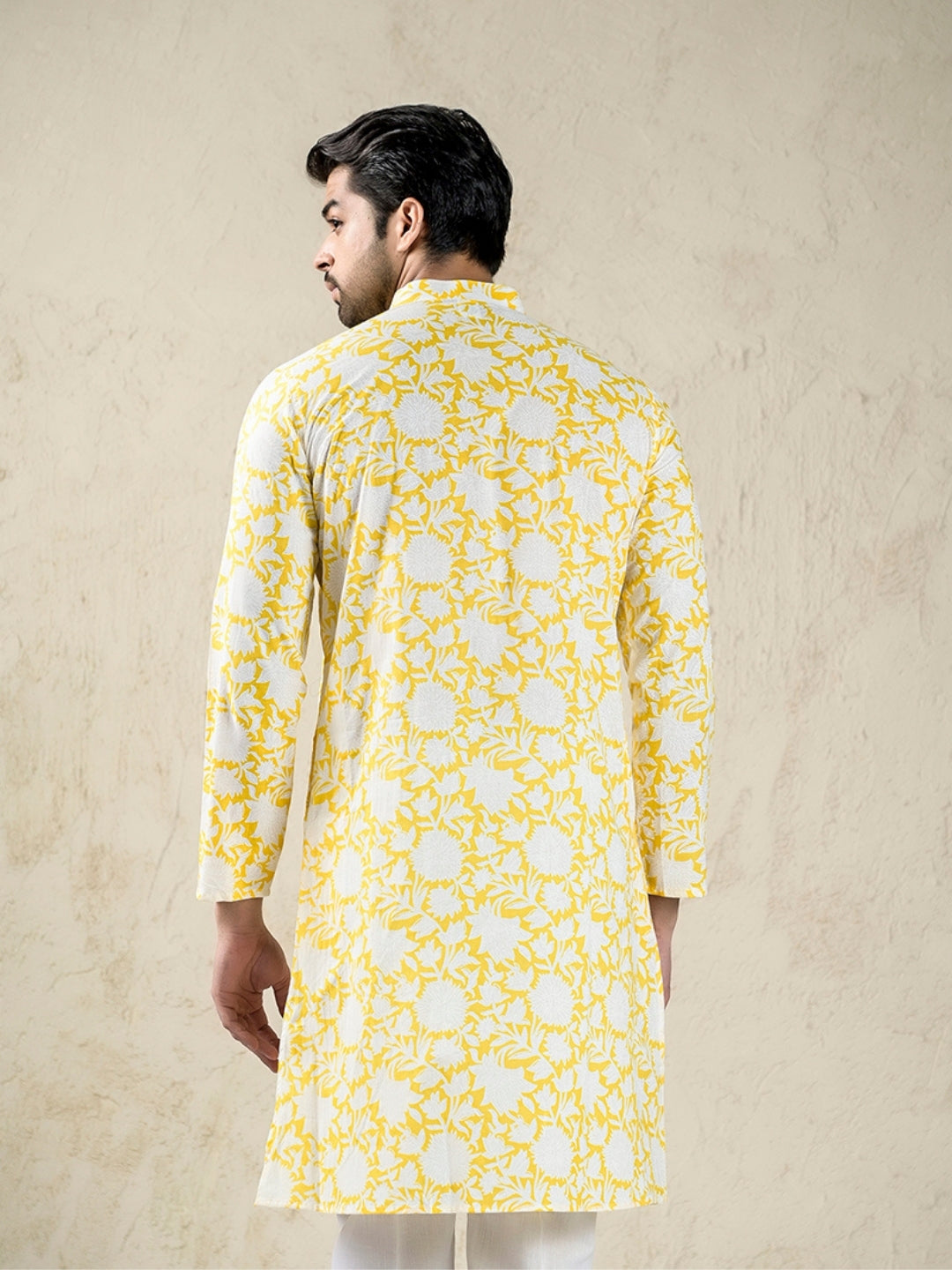 Yellow And White Floral Print Style Long Kurta & Pyjama Set