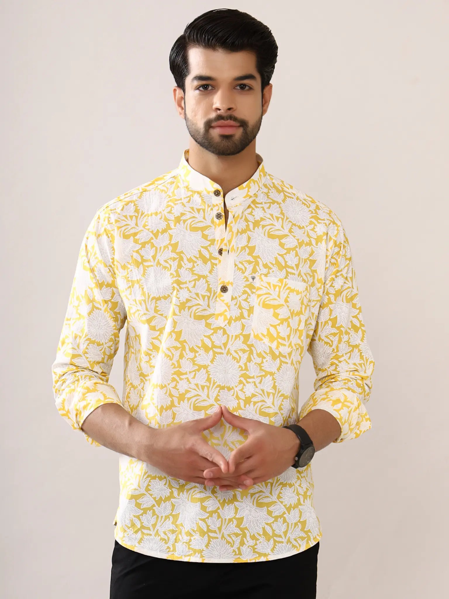 Yellow White Floral Short Kurta