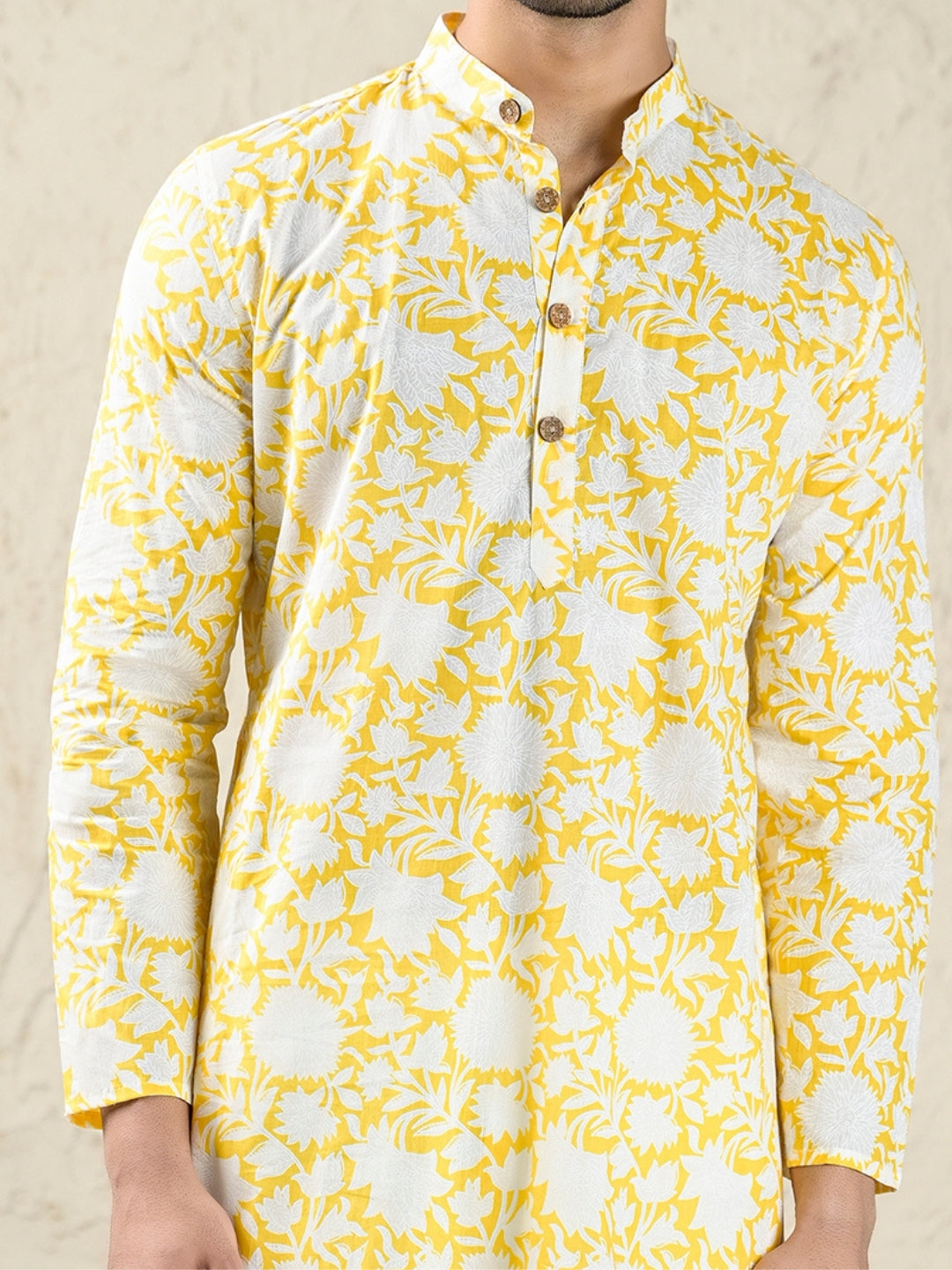Yellow And White Floral Print Style Long Kurta & Pyjama Set