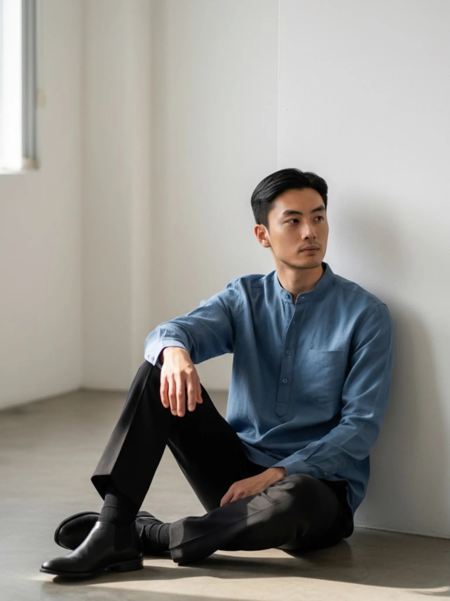 Navy Blue Linen Blend textured Short Kurta