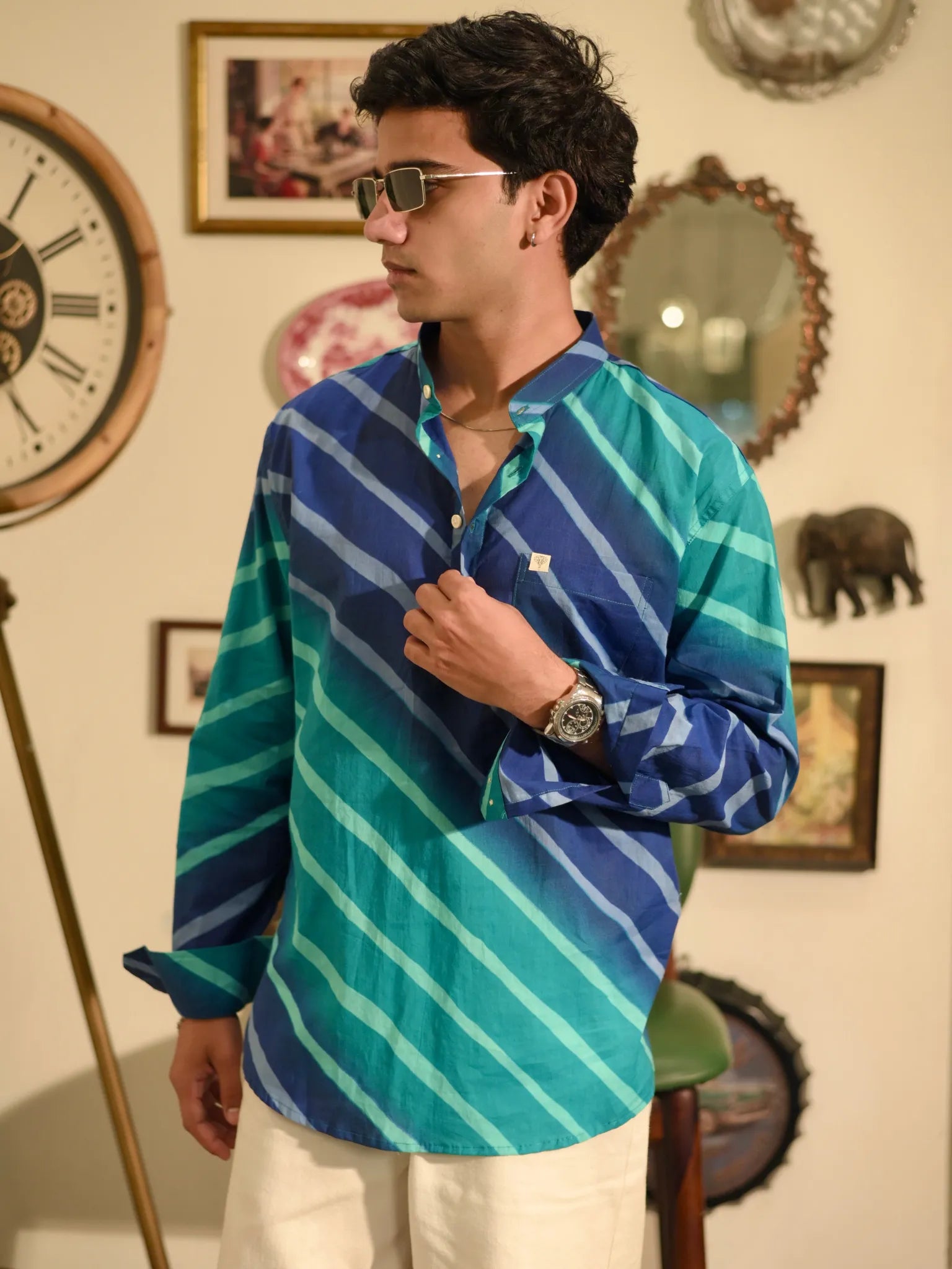 Blue Lehriya printed Short Kurta