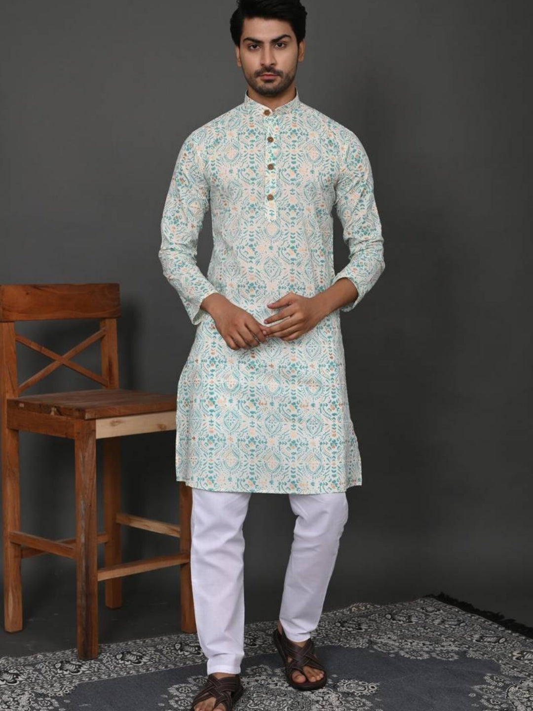 Mint Golden Block Print Long Kurta & Pyjama Set