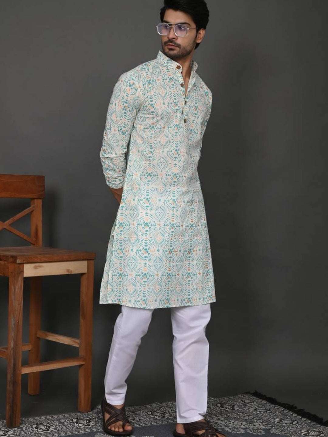 Mint Golden Block Print Long Kurta & Pyjama Set