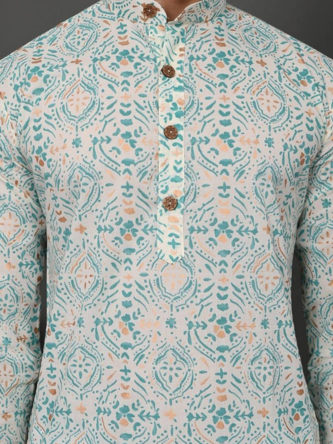 Mint Golden Block Print Long Kurta & Pyjama Set