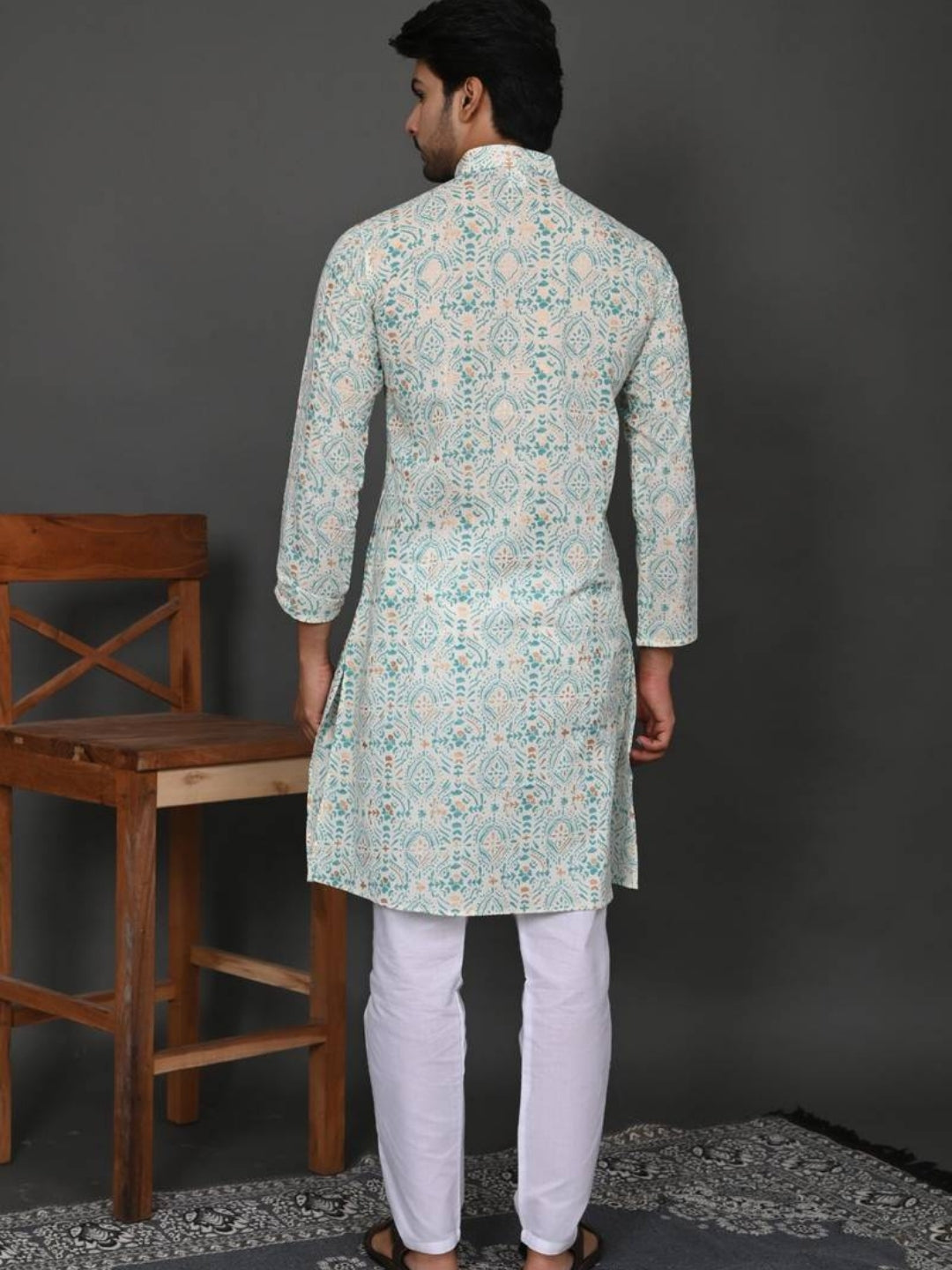 Mint Golden Block Print Long Kurta & Pyjama Set