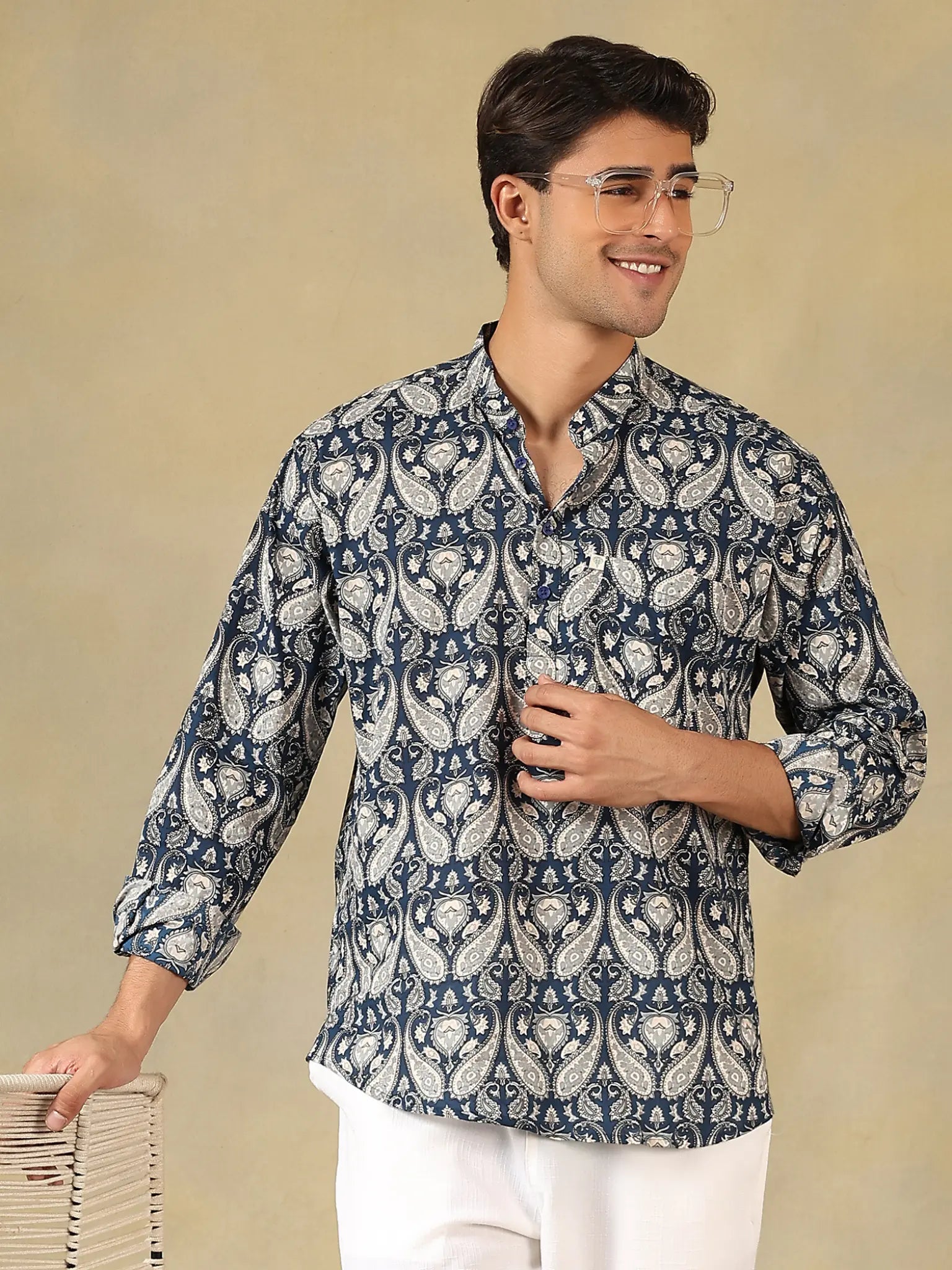 navy blue paisley short kurta