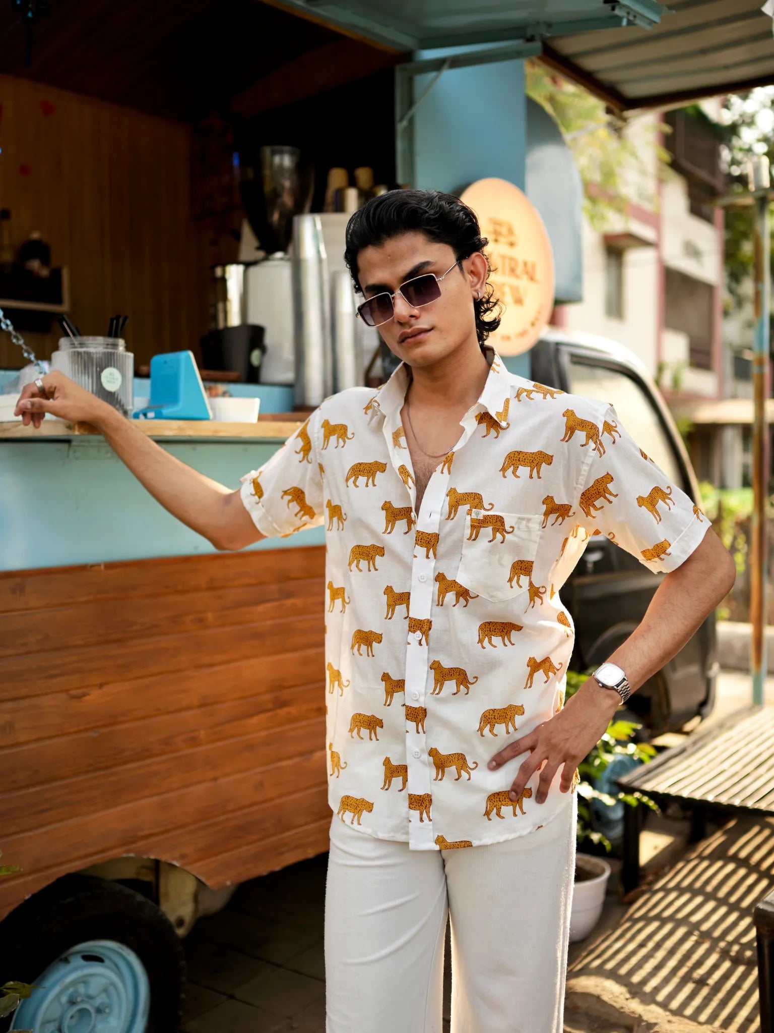White Yellow Cheetah Half Sleeves Shirt