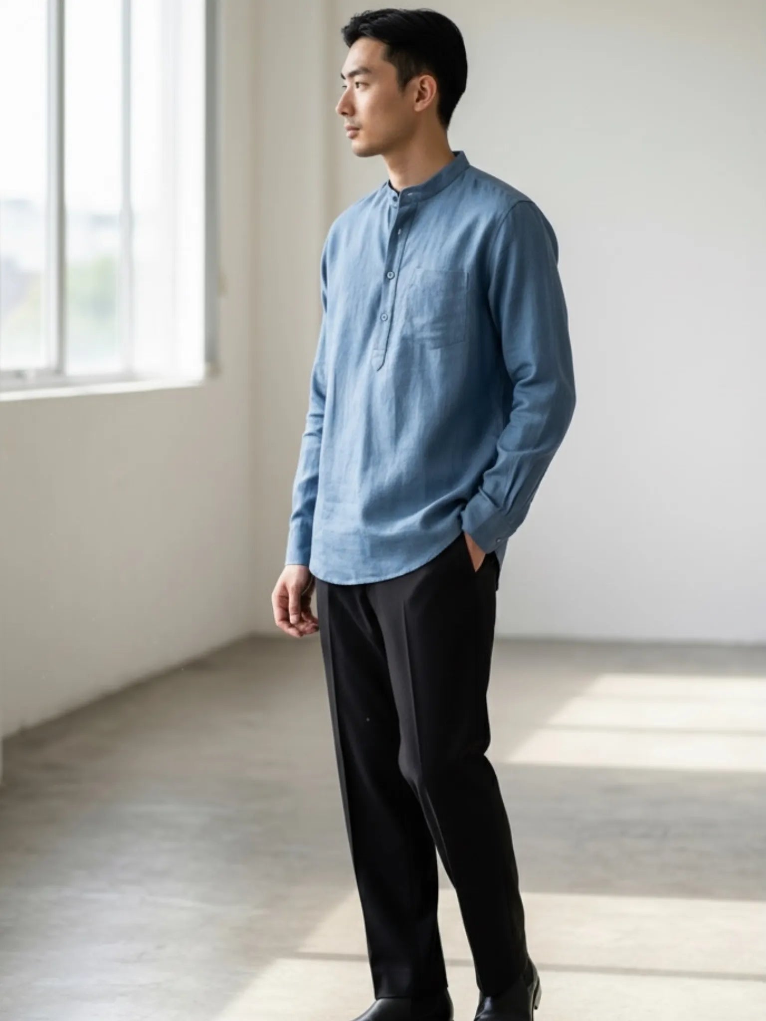 Navy Blue Linen Blend textured Short Kurta