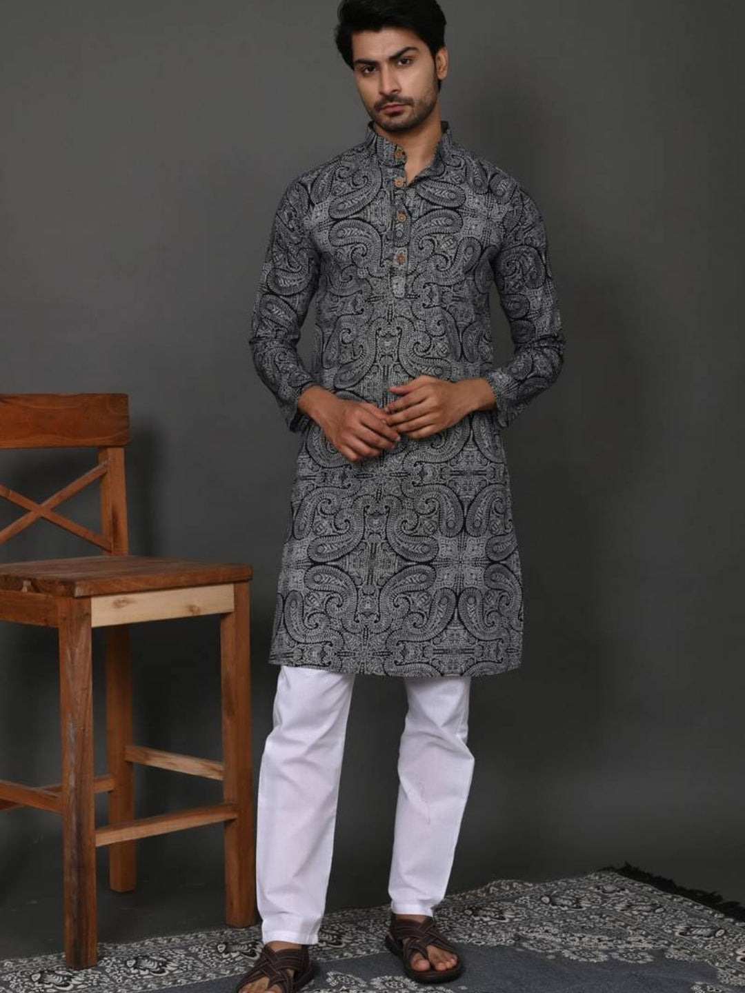 Black Mandala Long Kurta & Pyjama Set