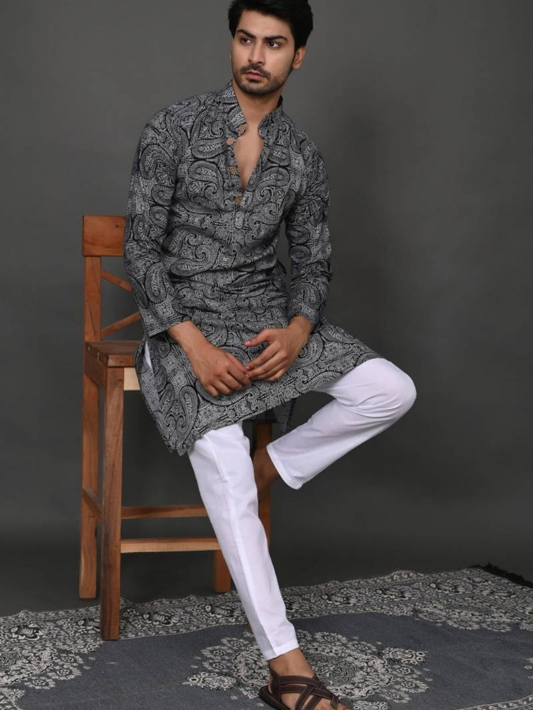 Black Mandala Long Kurta & Pyjama Set