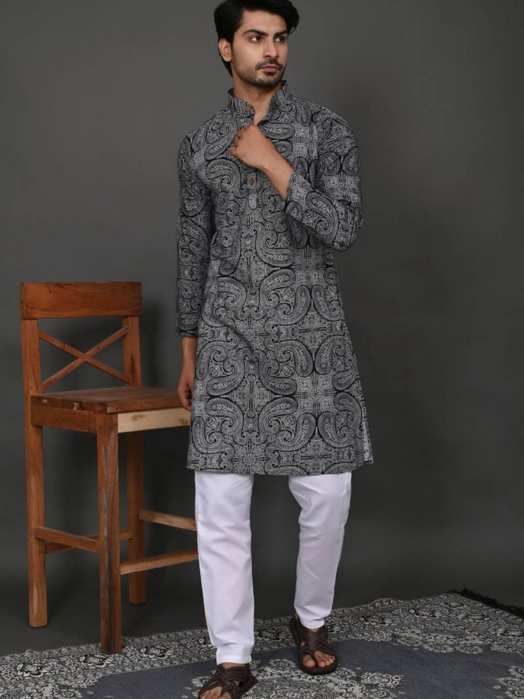 Black Mandala Long Kurta & Pyjama Set