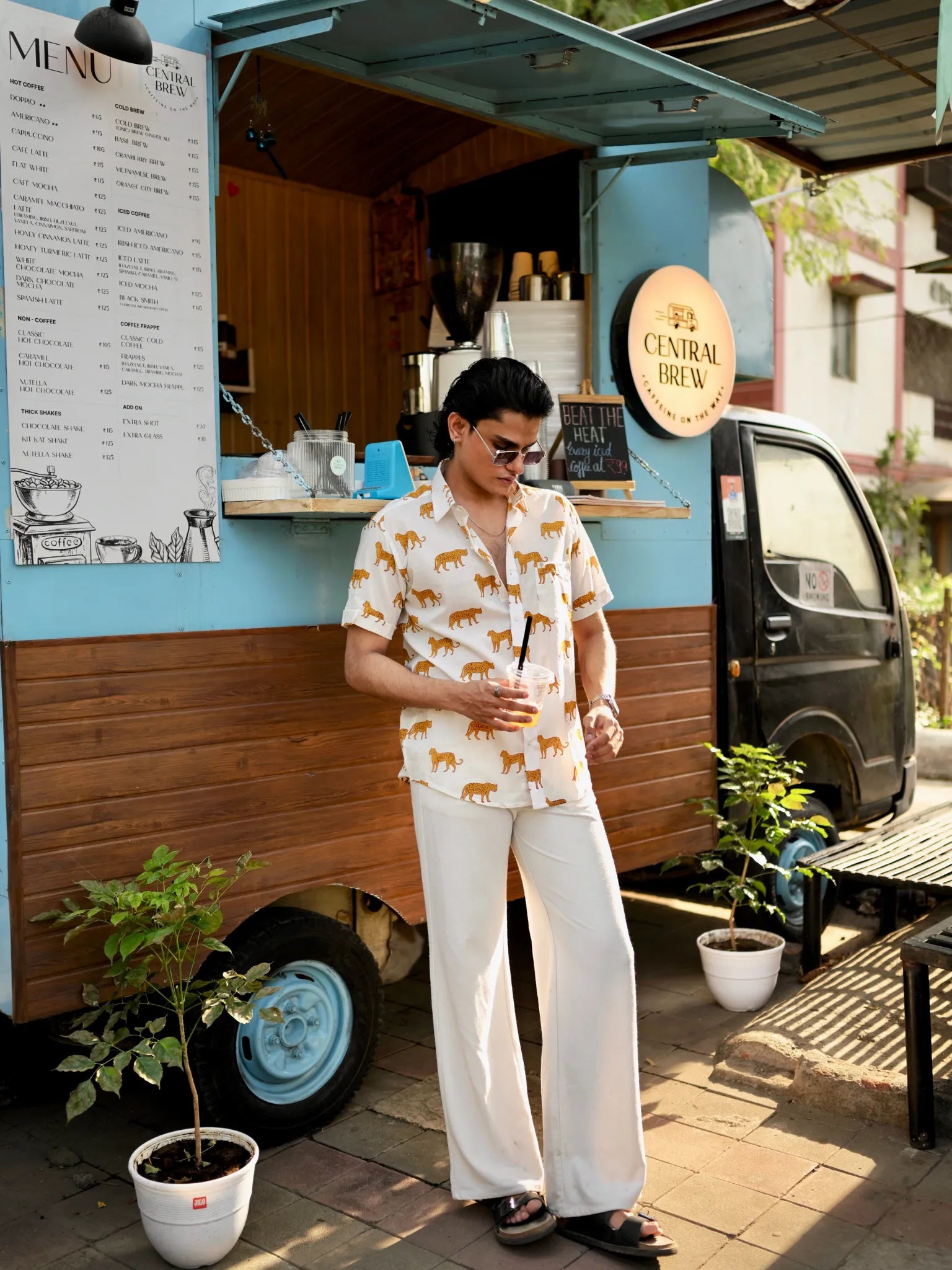 White Yellow Cheetah Half Sleeves Shirt