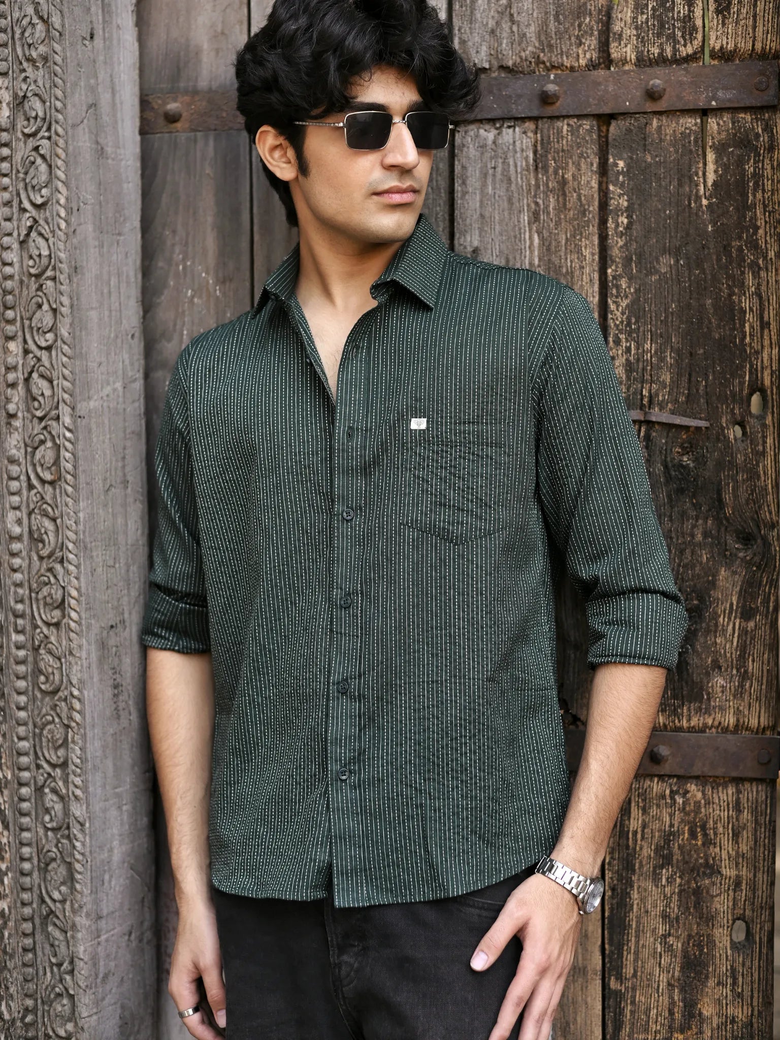 Olive kantha Full Sleeves Shirt