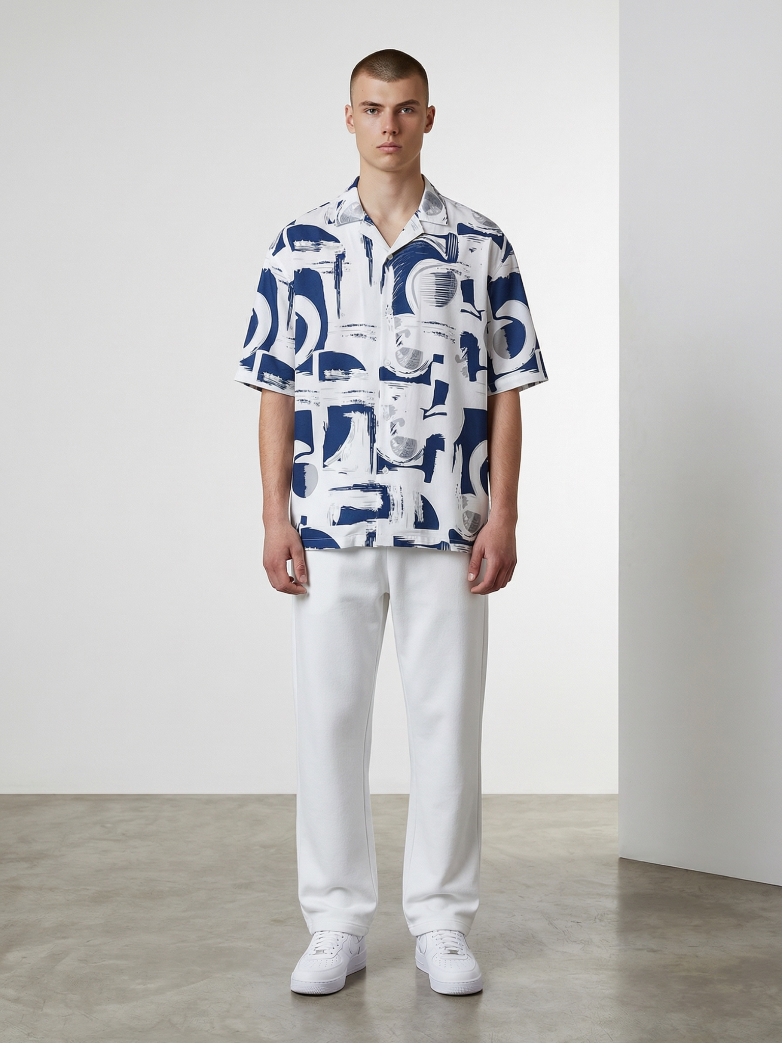 White – Blue Abstract Cuban Collar Resort Shirt
