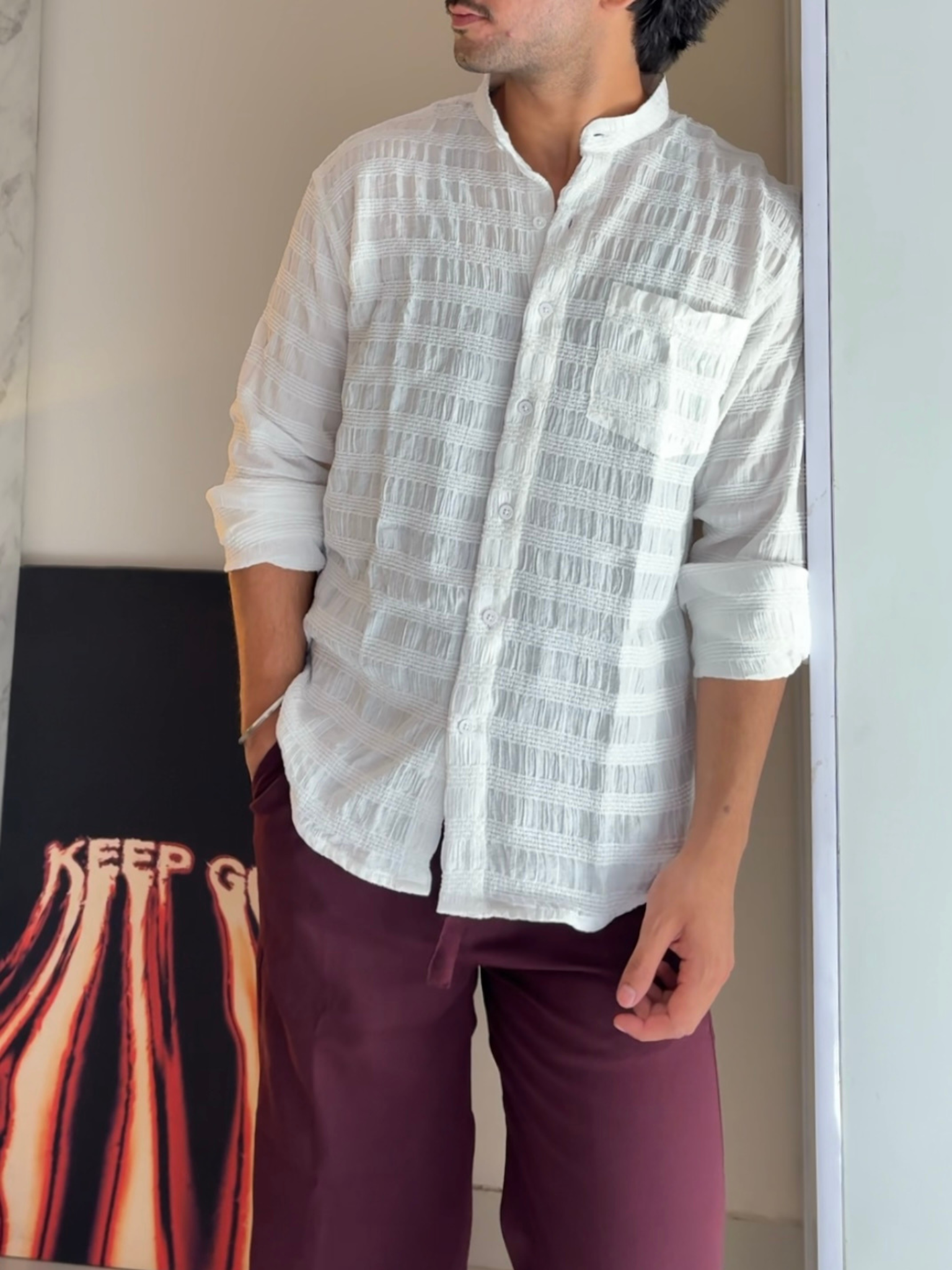 White Texture Mandarin Collar Full Sleeves Shirt
