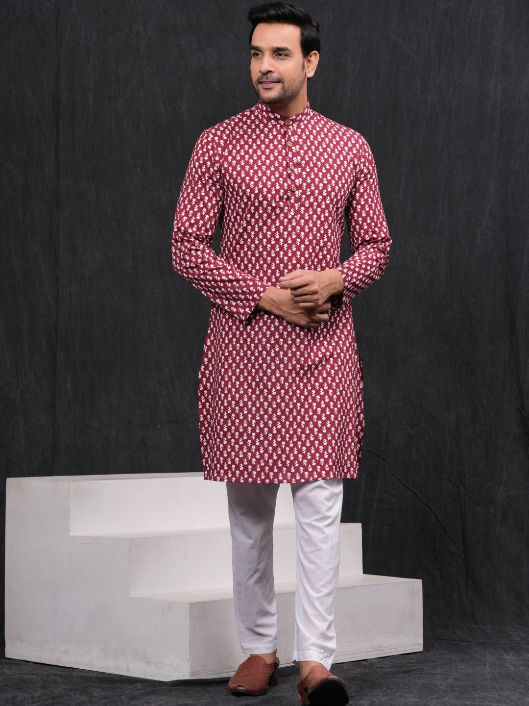 Maroon Flower Printed Cotton Kurta & Pyjama Set