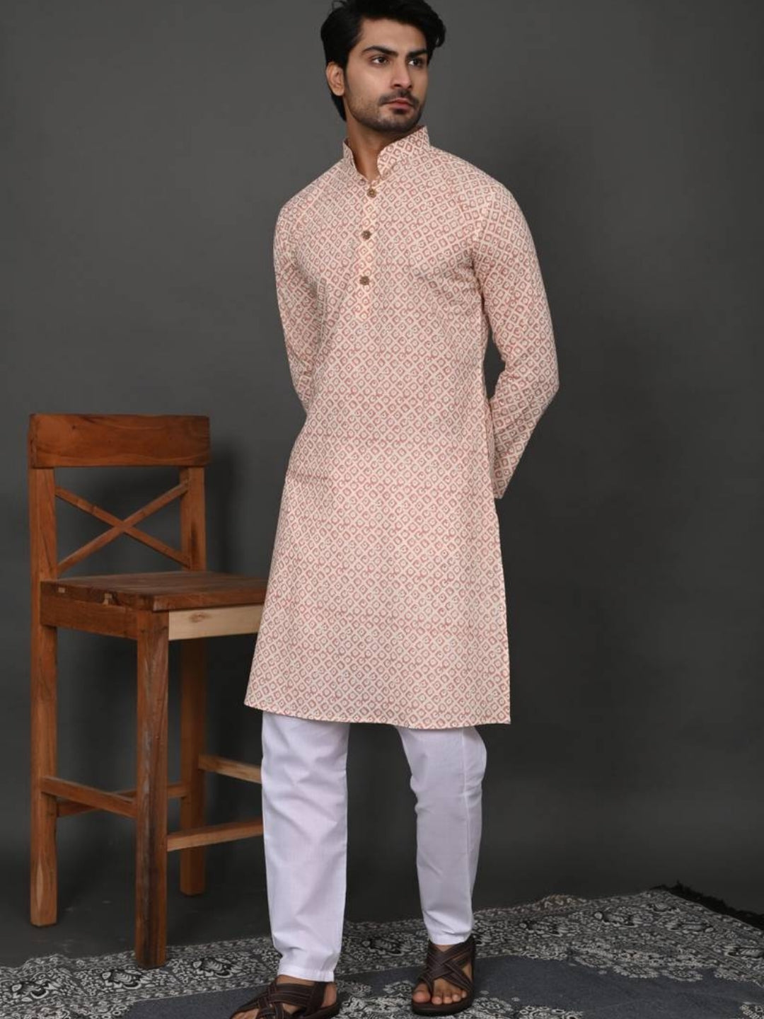 Baby Pink Block Print Long Kurta & Pyjama Set