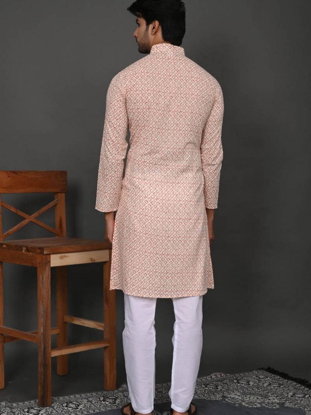 Baby Pink Block Print Long Kurta & Pyjama Set