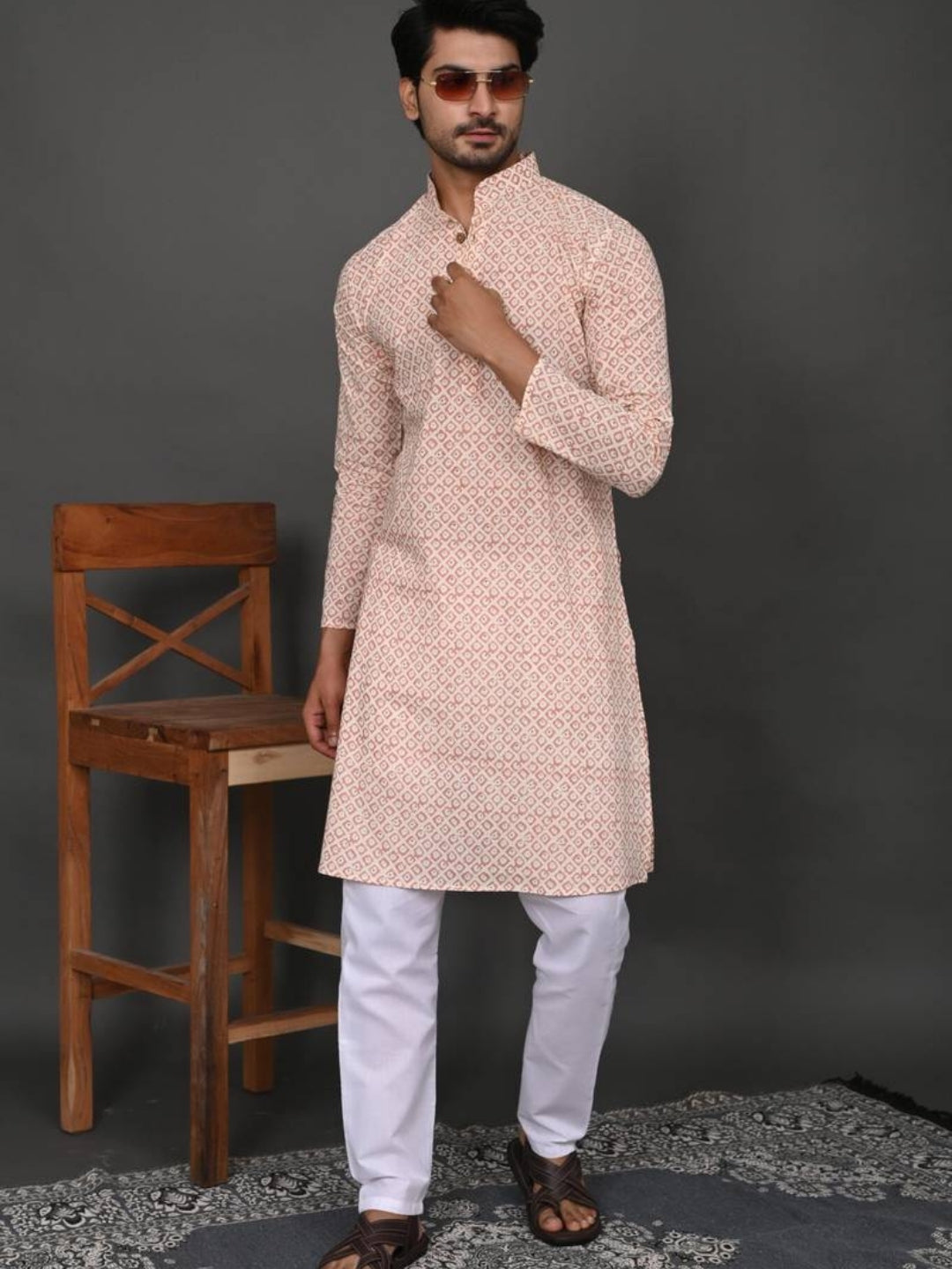 Baby Pink Block Print Long Kurta & Pyjama Set