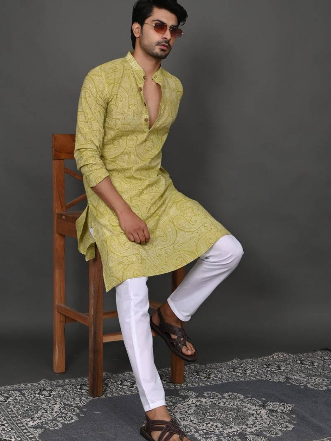 Green Bandej Print Style Long Kurta & Pyjama Set