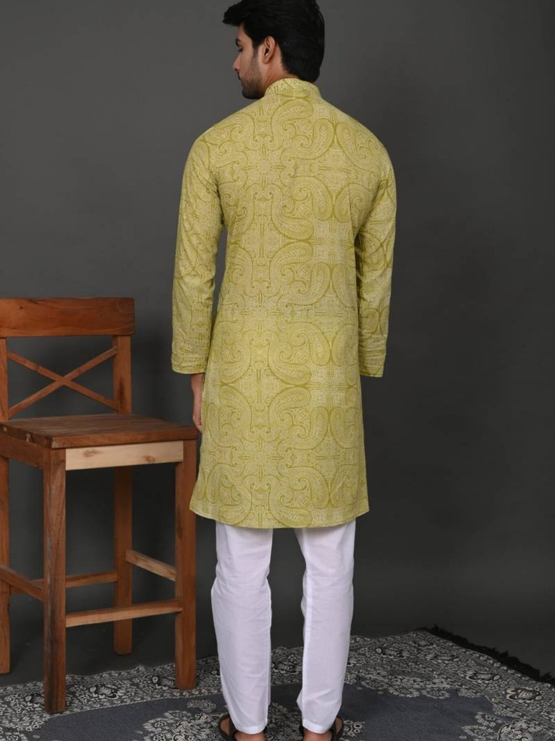 Green Self Pattern Print Style Long Kurta & Pyjama Set