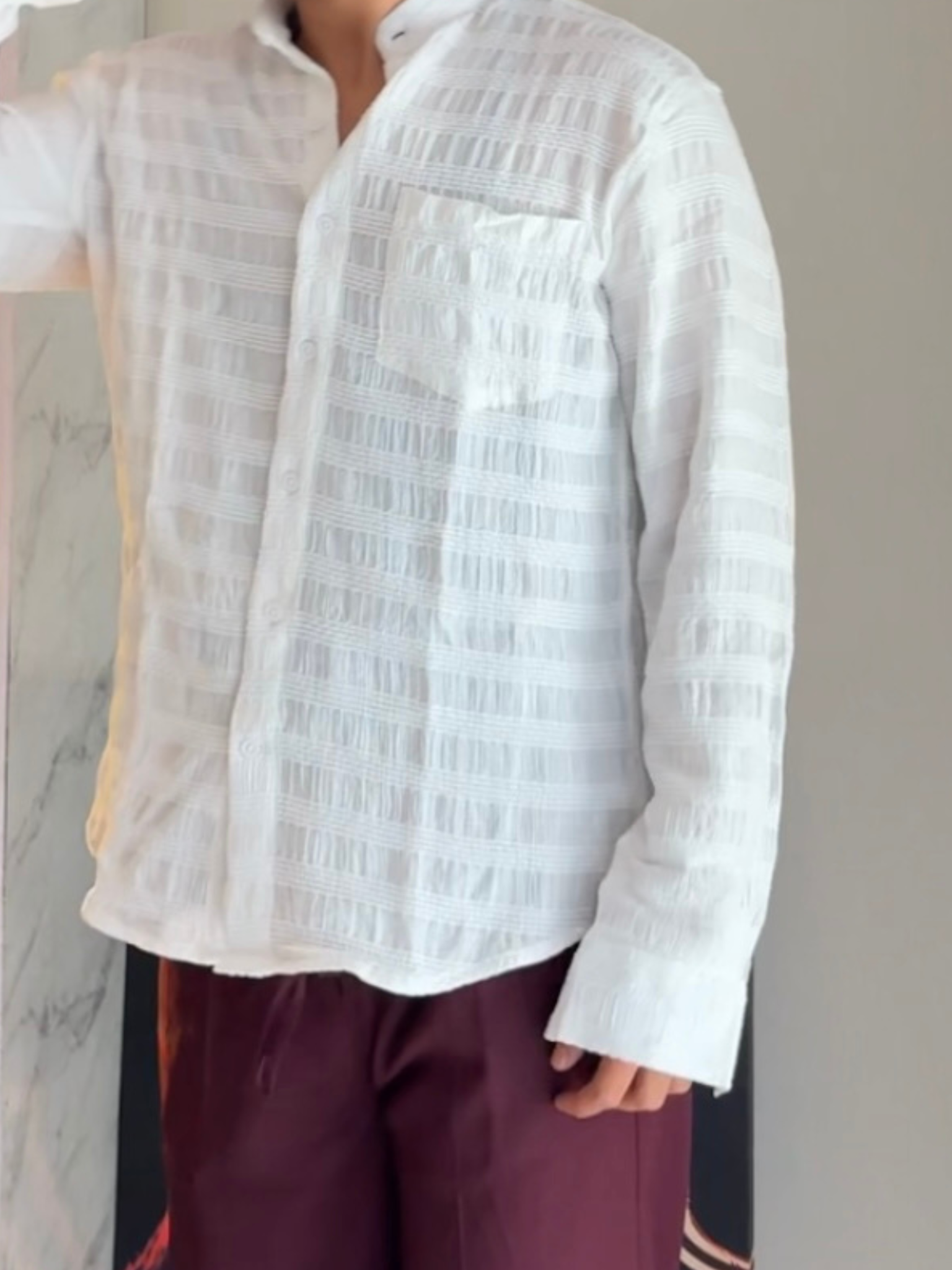 White Texture Mandarin Collar Full Sleeves Shirt