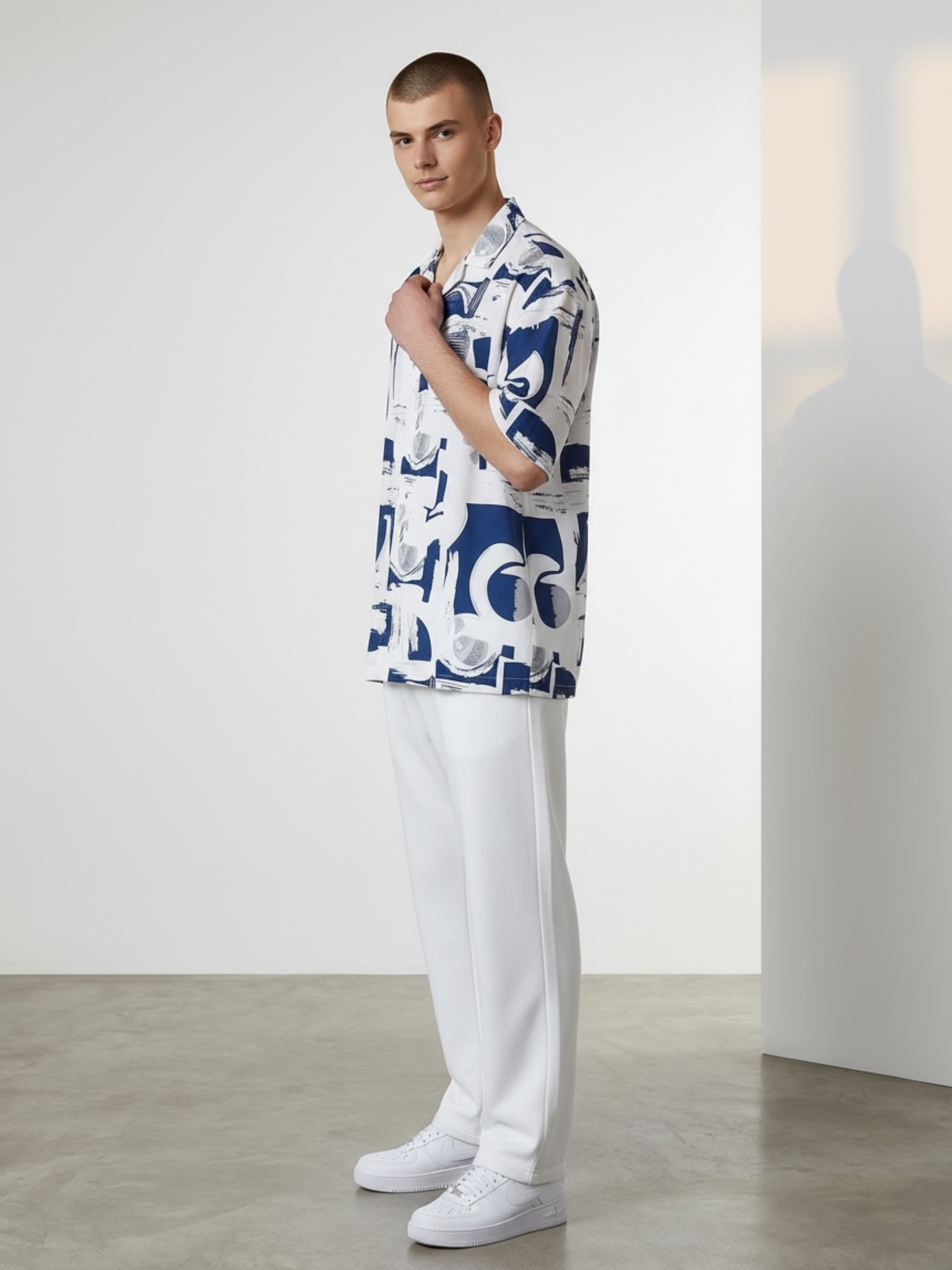 White – Blue Abstract Cuban Collar Resort Shirt