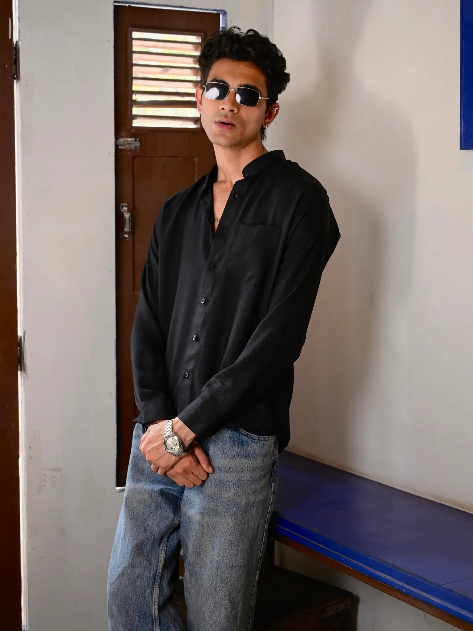 Black Linen Blend Mandarin collar Full Sleeves Shirt