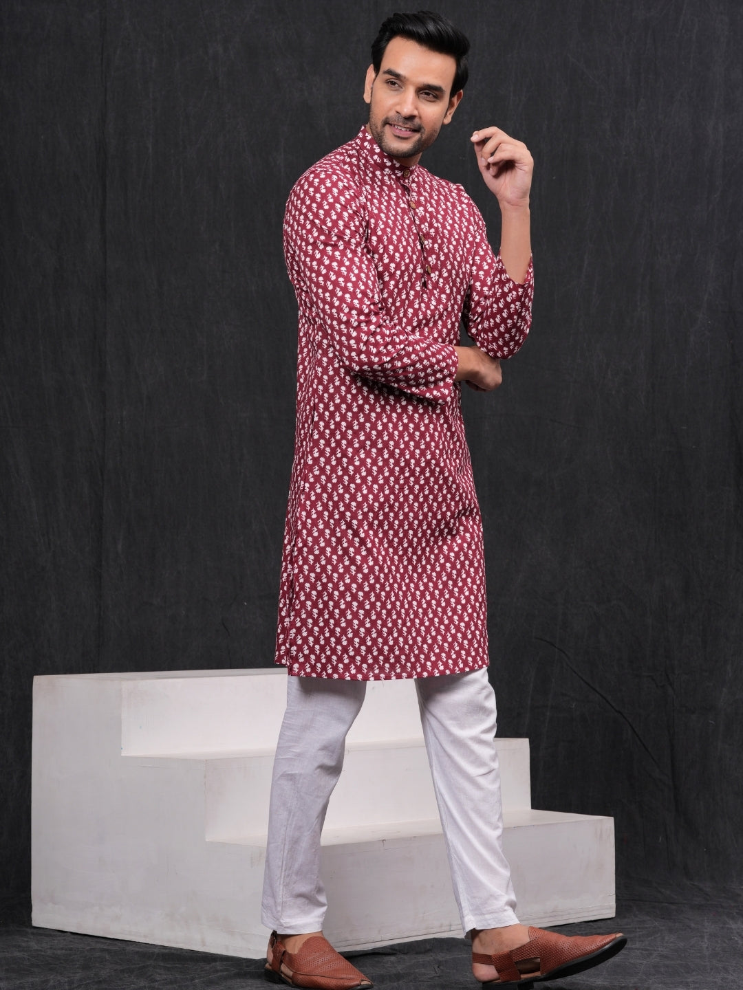 Maroon Flower Printed Cotton Kurta & Pyjama Set