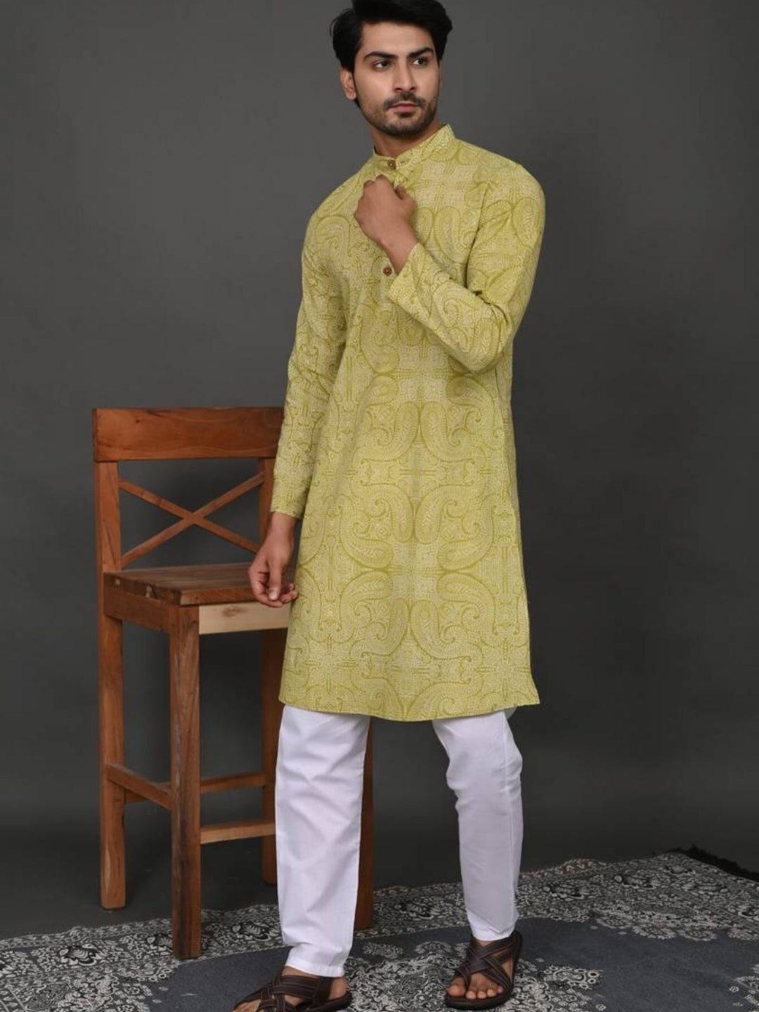 Green Self Pattern Print Style Long Kurta & Pyjama Set
