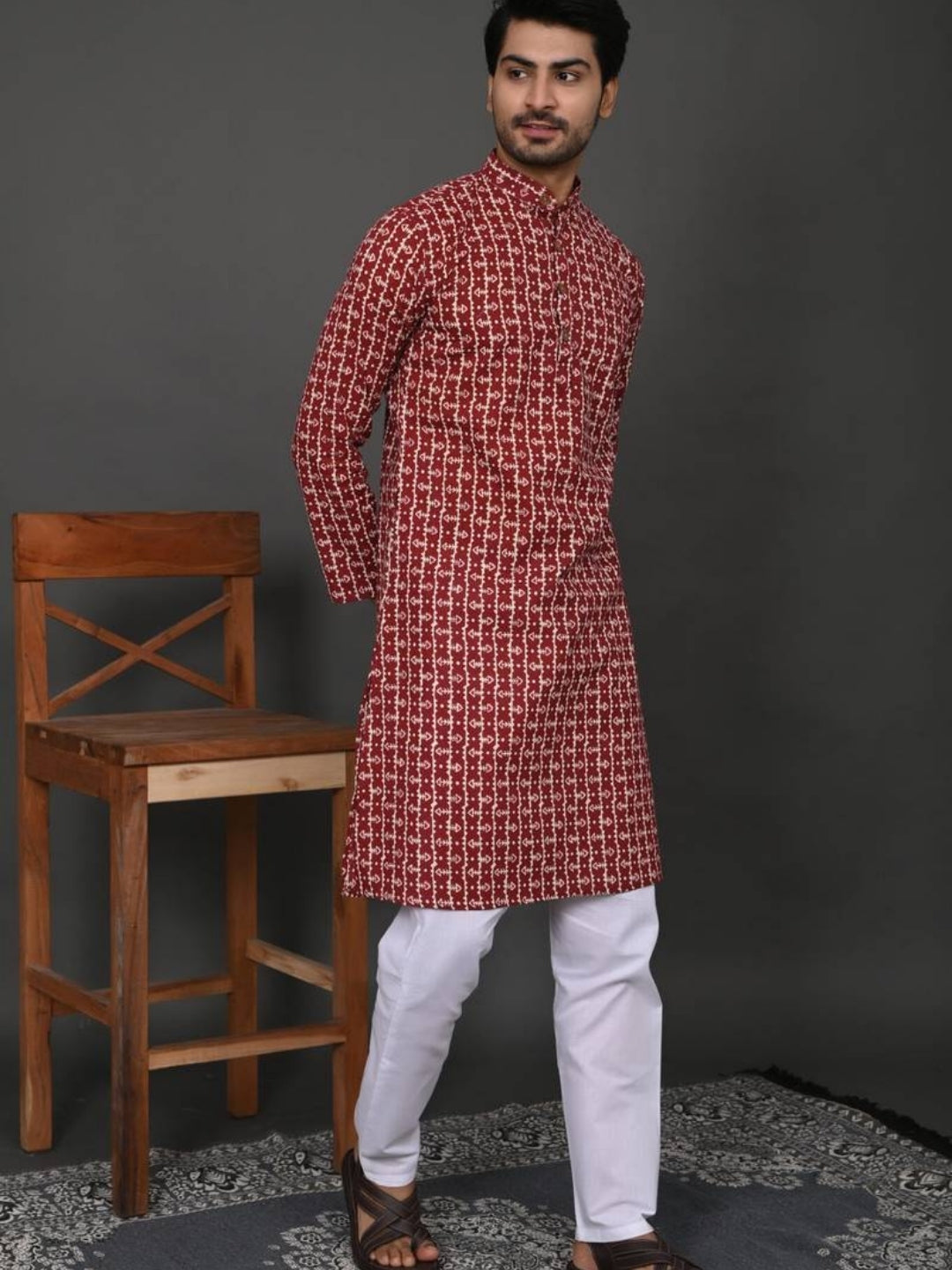 Maroon Kantha Long Kurta & Pyjama Set
