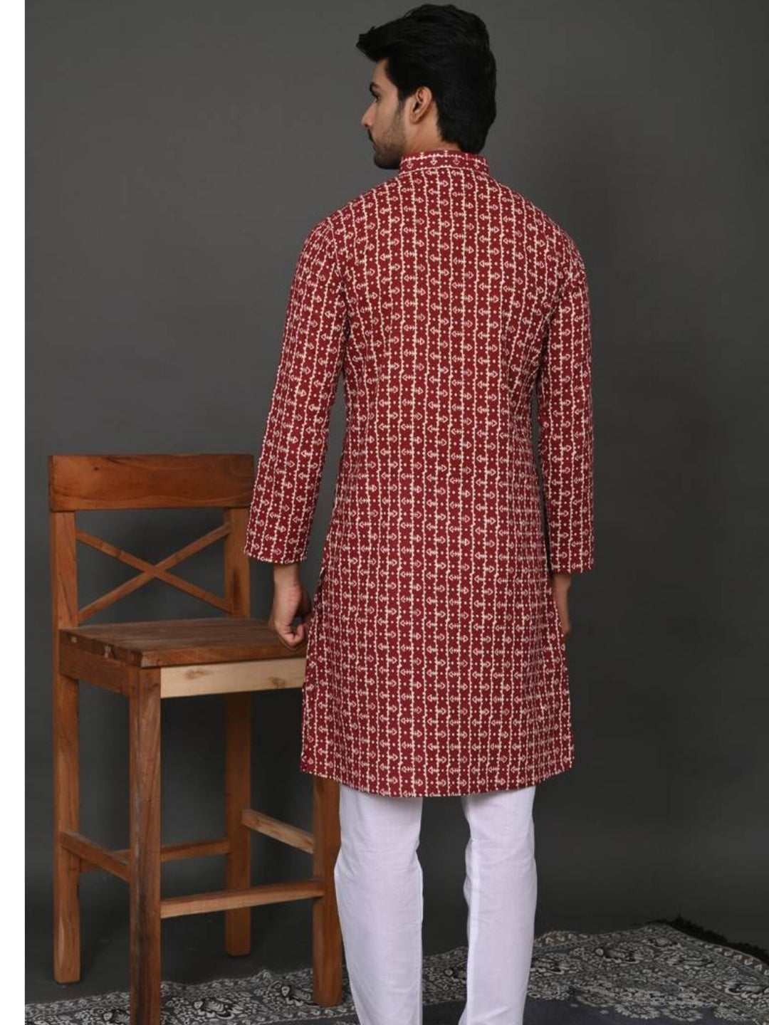 Maroon Kantha Long Kurta & Pyjama Set