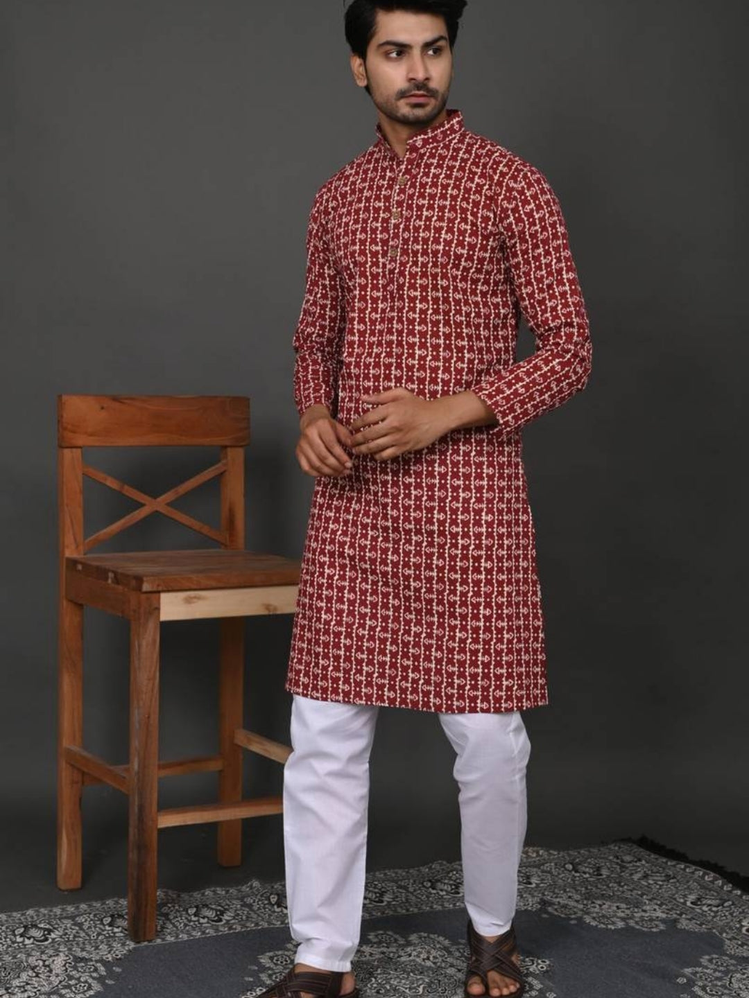 Maroon Kantha Long Kurta & Pyjama Set