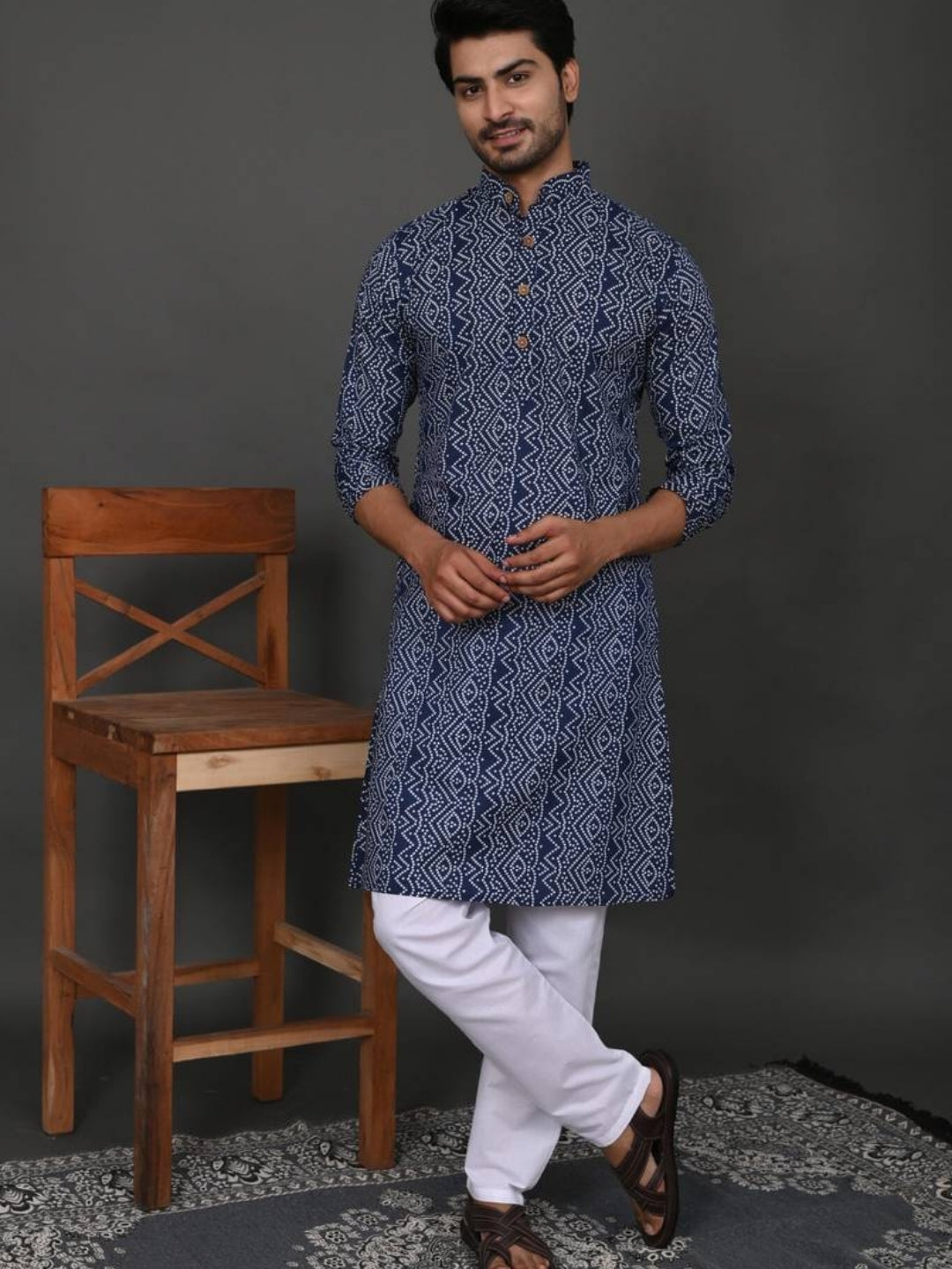 Navy Blue Bandej Printed Long Kurta & Pyjama Set