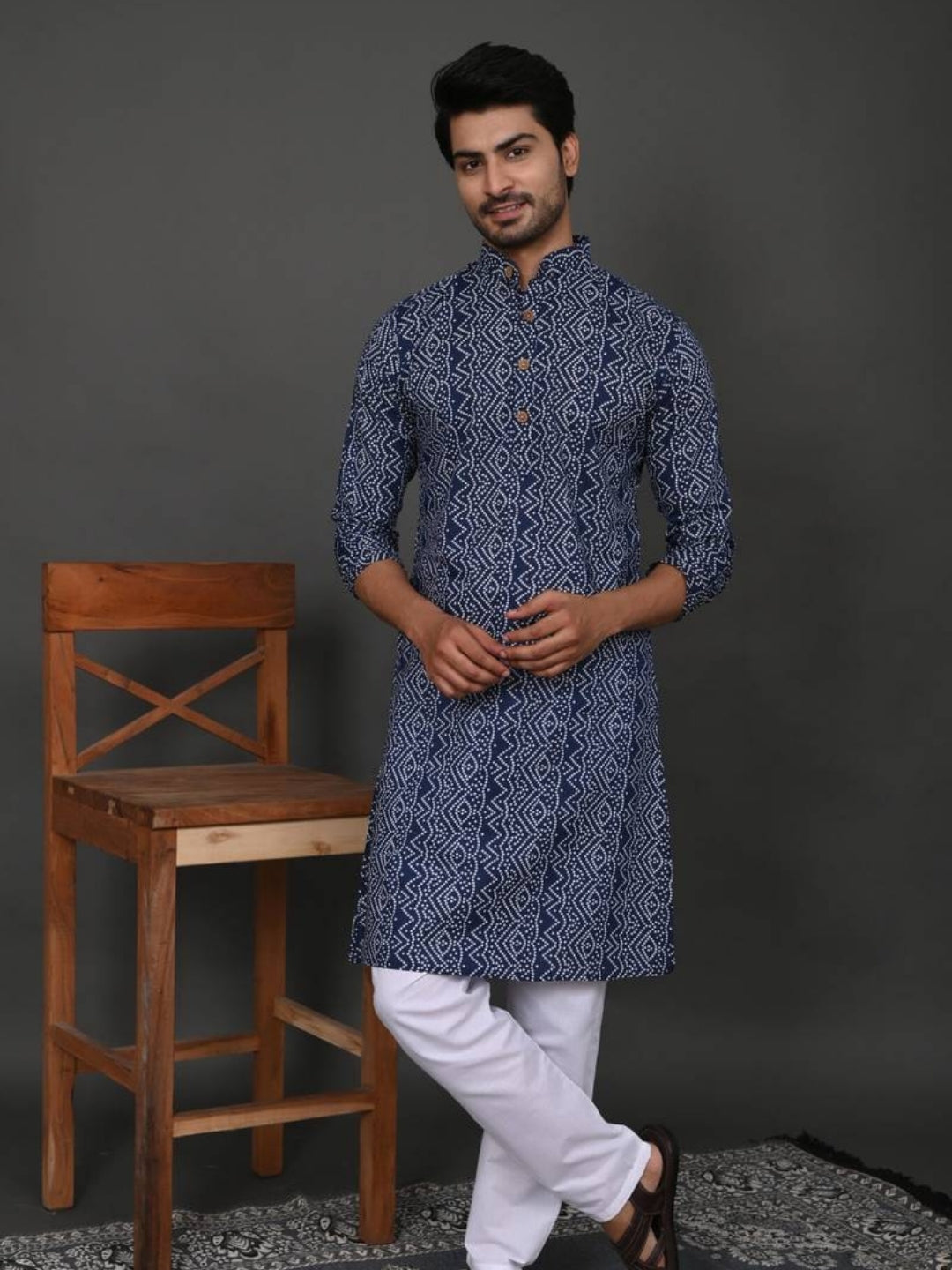 Navy Blue Bandej Printed Long Kurta & Pyjama Set