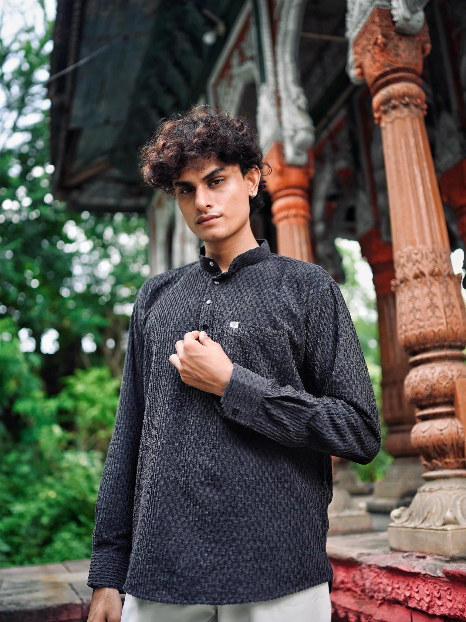 Grey Texture Weave Short Kurta