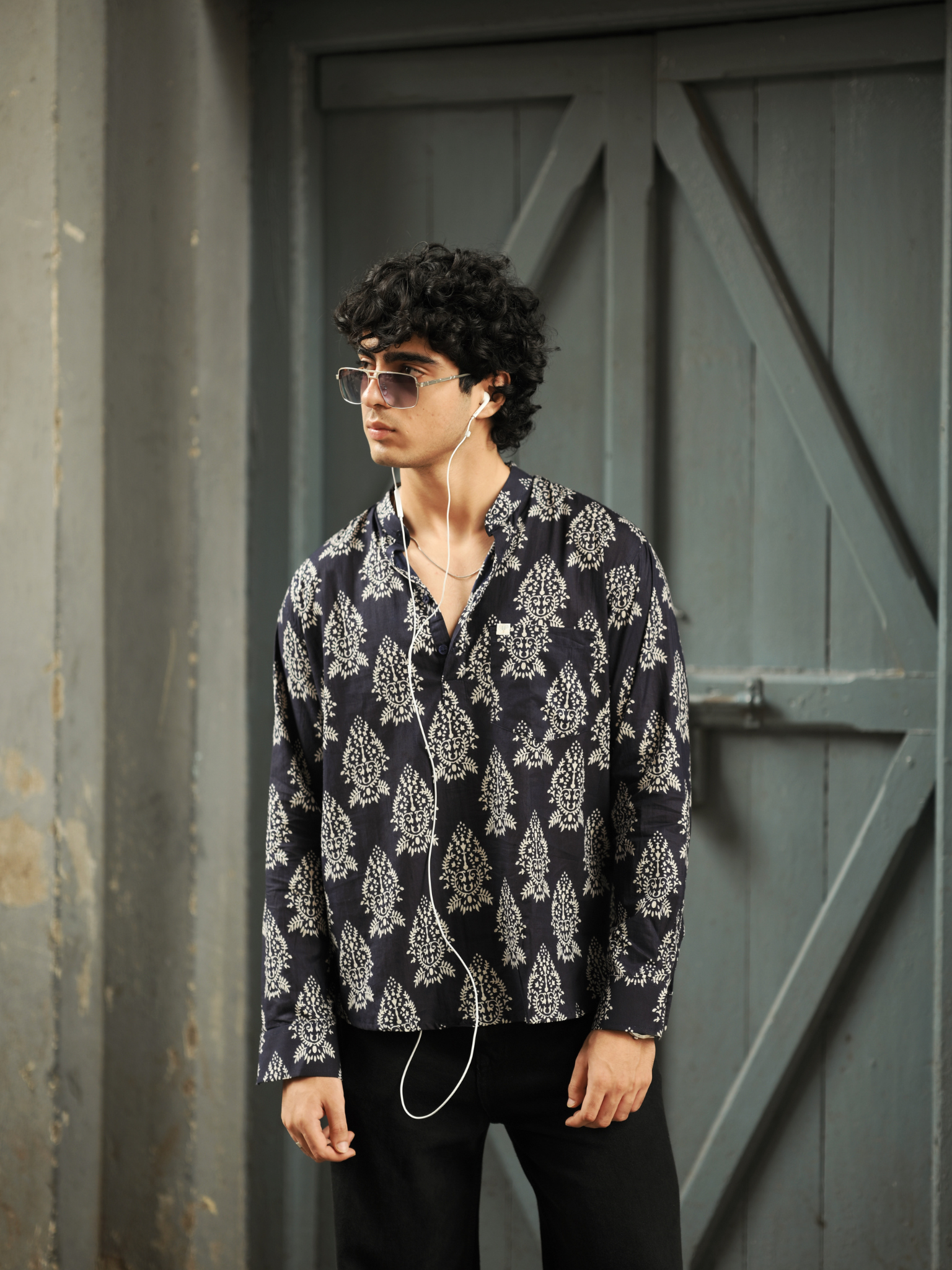 moonlit blue motif printed short kurta