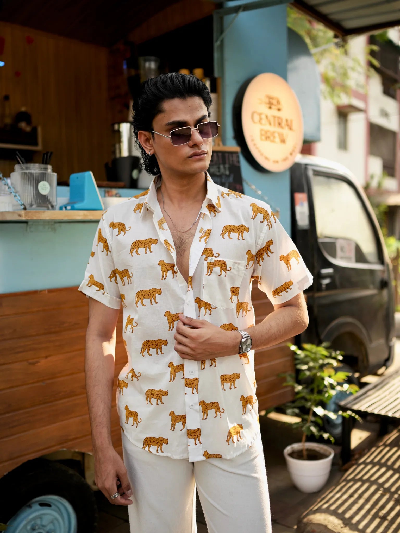 White Yellow Cheetah Half Sleeves Shirt