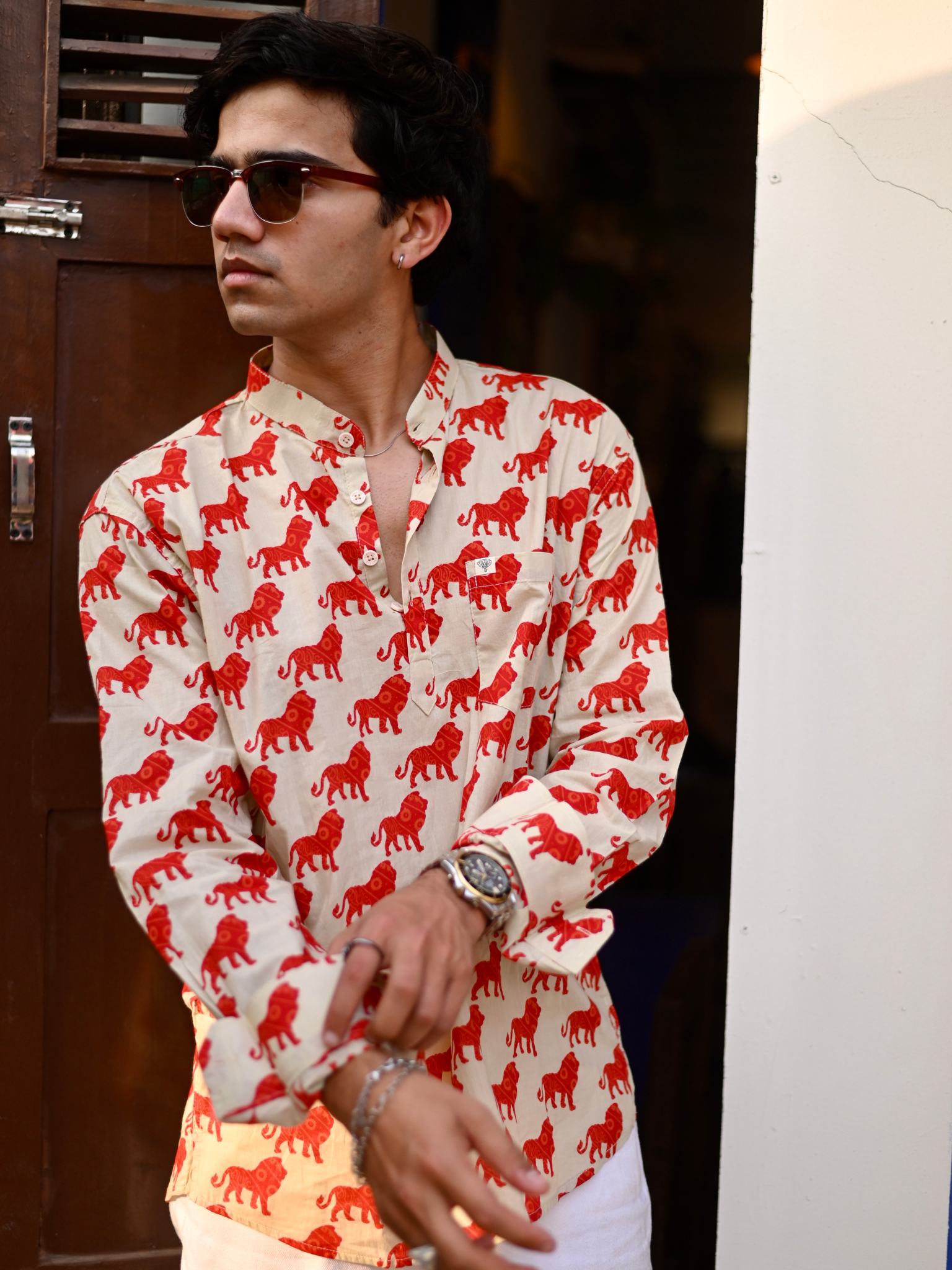 cream red lion printed short kurta