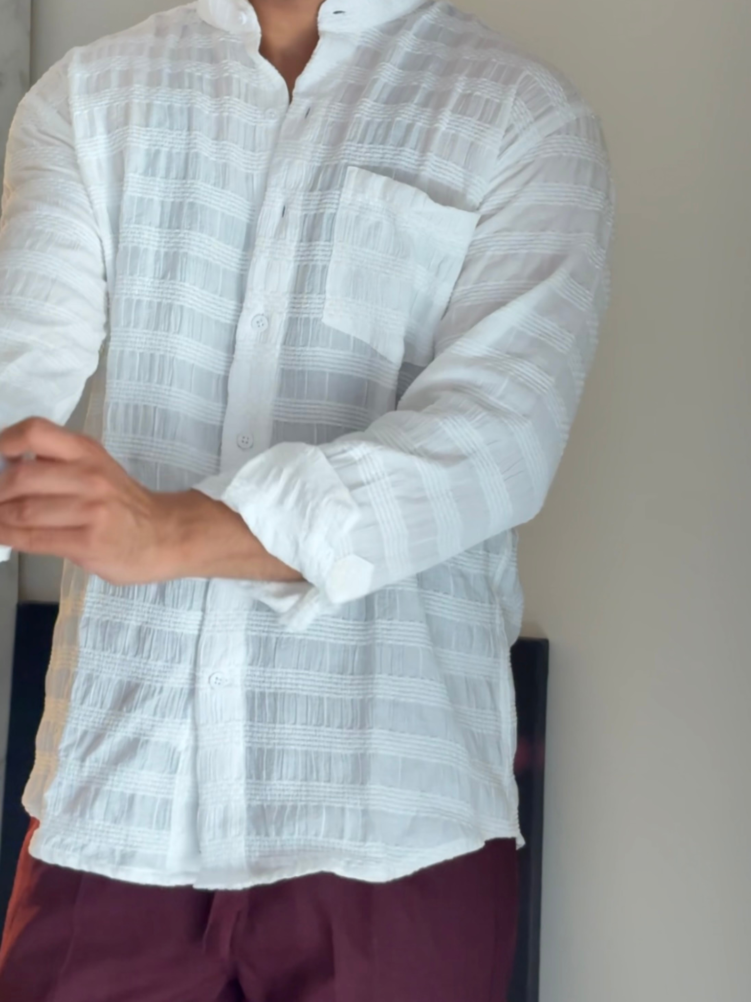 White Texture Mandarin Collar Full Sleeves Shirt