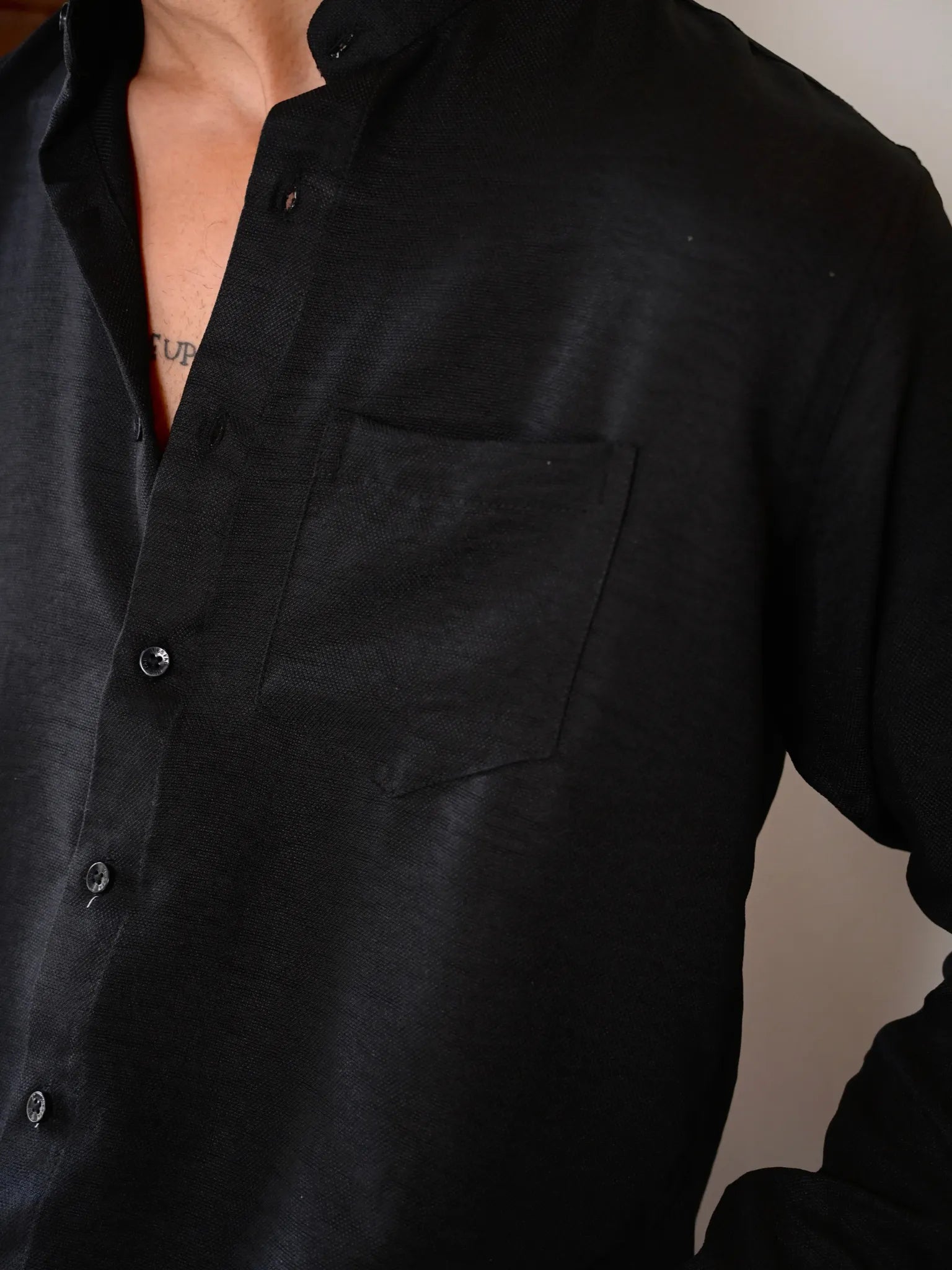 Black Linen Blend Mandarin collar Full Sleeves Shirt
