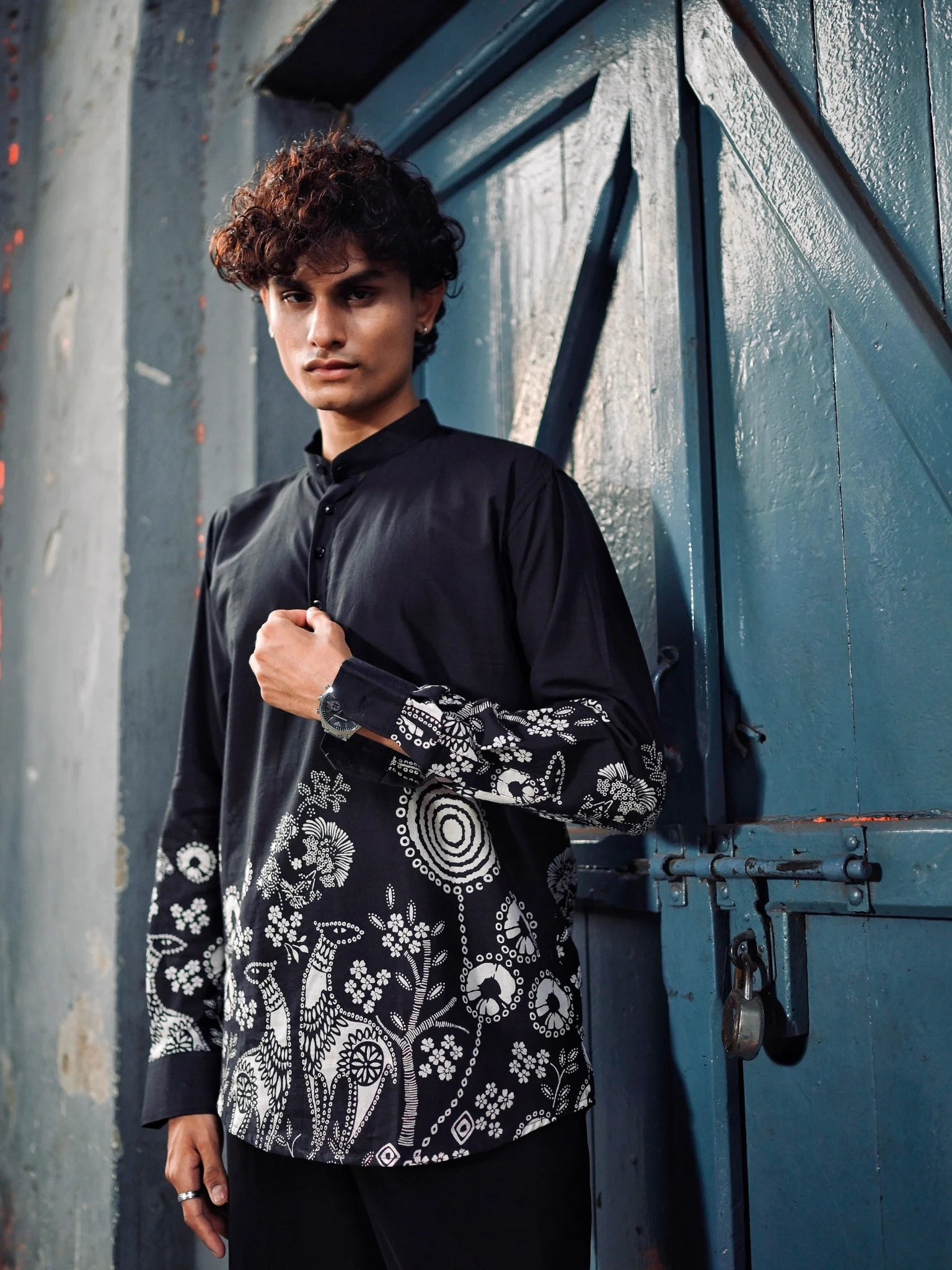Black Placement Print short kurta
