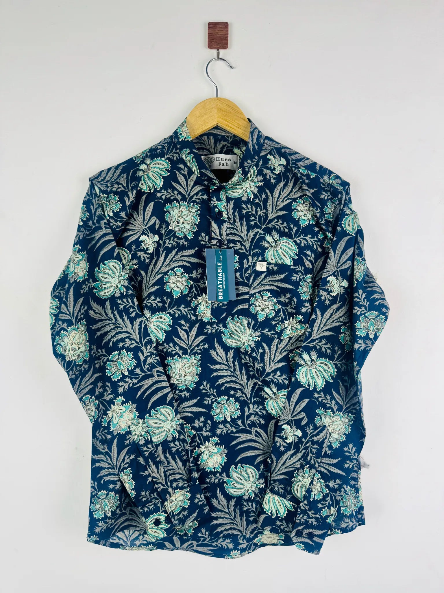 Navy blue fern printed short kurta