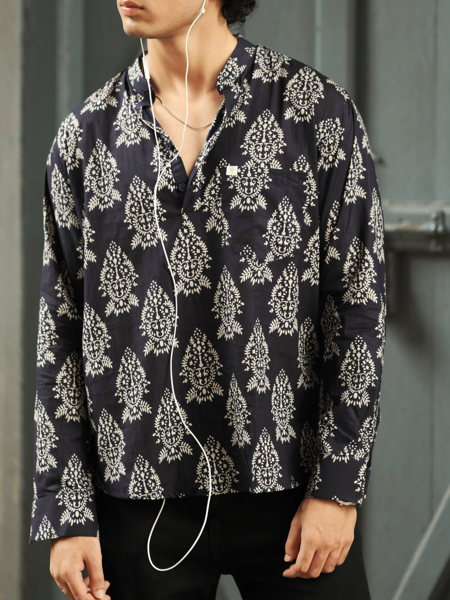 moonlit blue motif printed short kurta