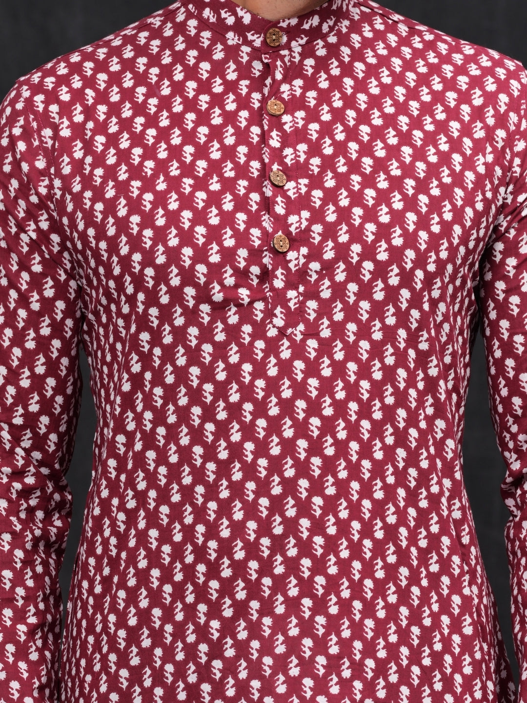Maroon Flower Printed Cotton Kurta & Pyjama Set