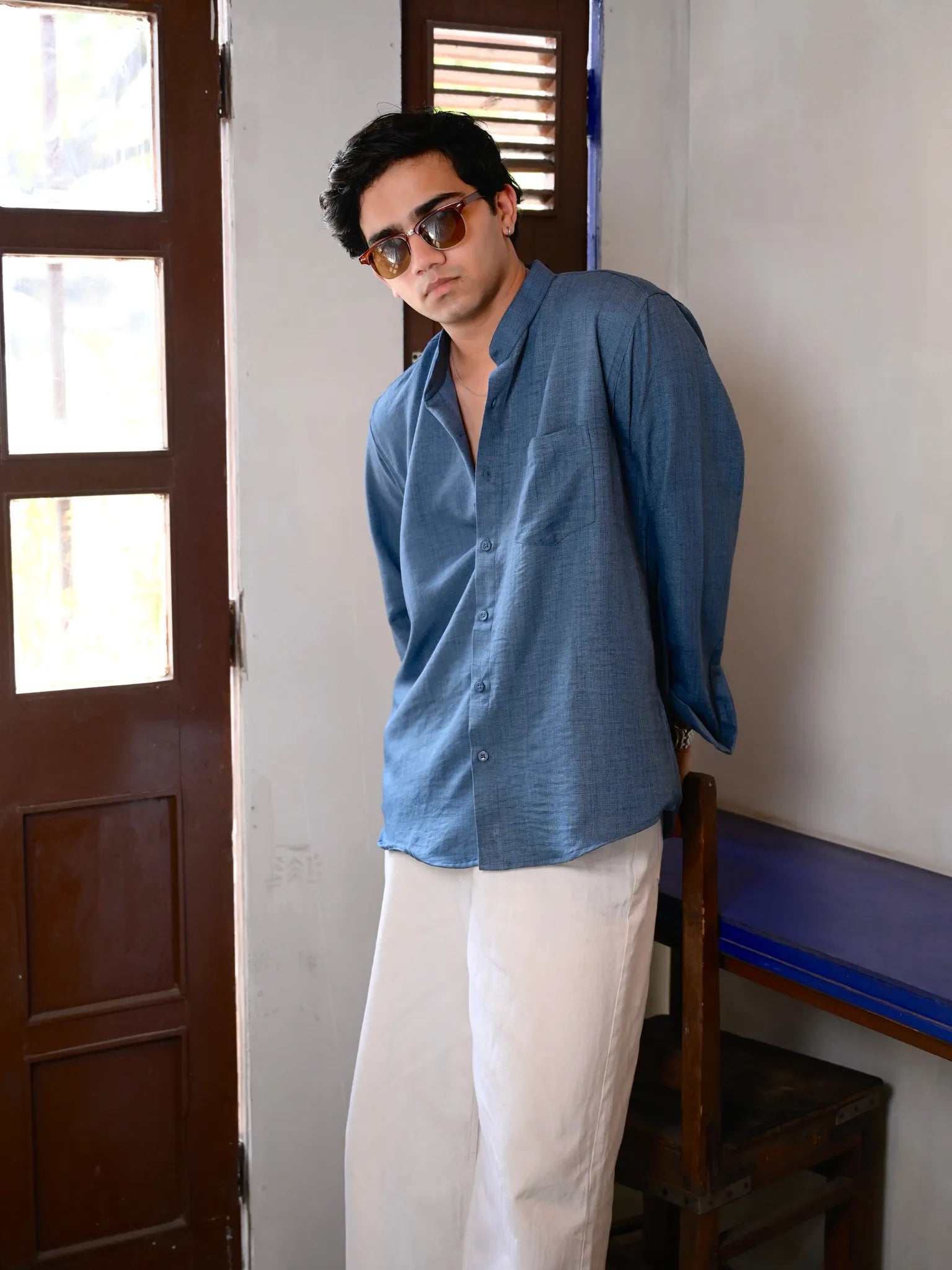 Blue Linen Blend Mandarin collar Full Sleeves Shirt